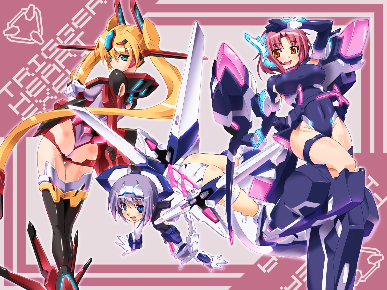 shinozuka atsuto, crueltear, exelica, faintear, trigger heart exelica, highres, ass, copyright name, leotard, long hair, mecha, robot, teeth, thigh strap, upper teeth only, very long hair