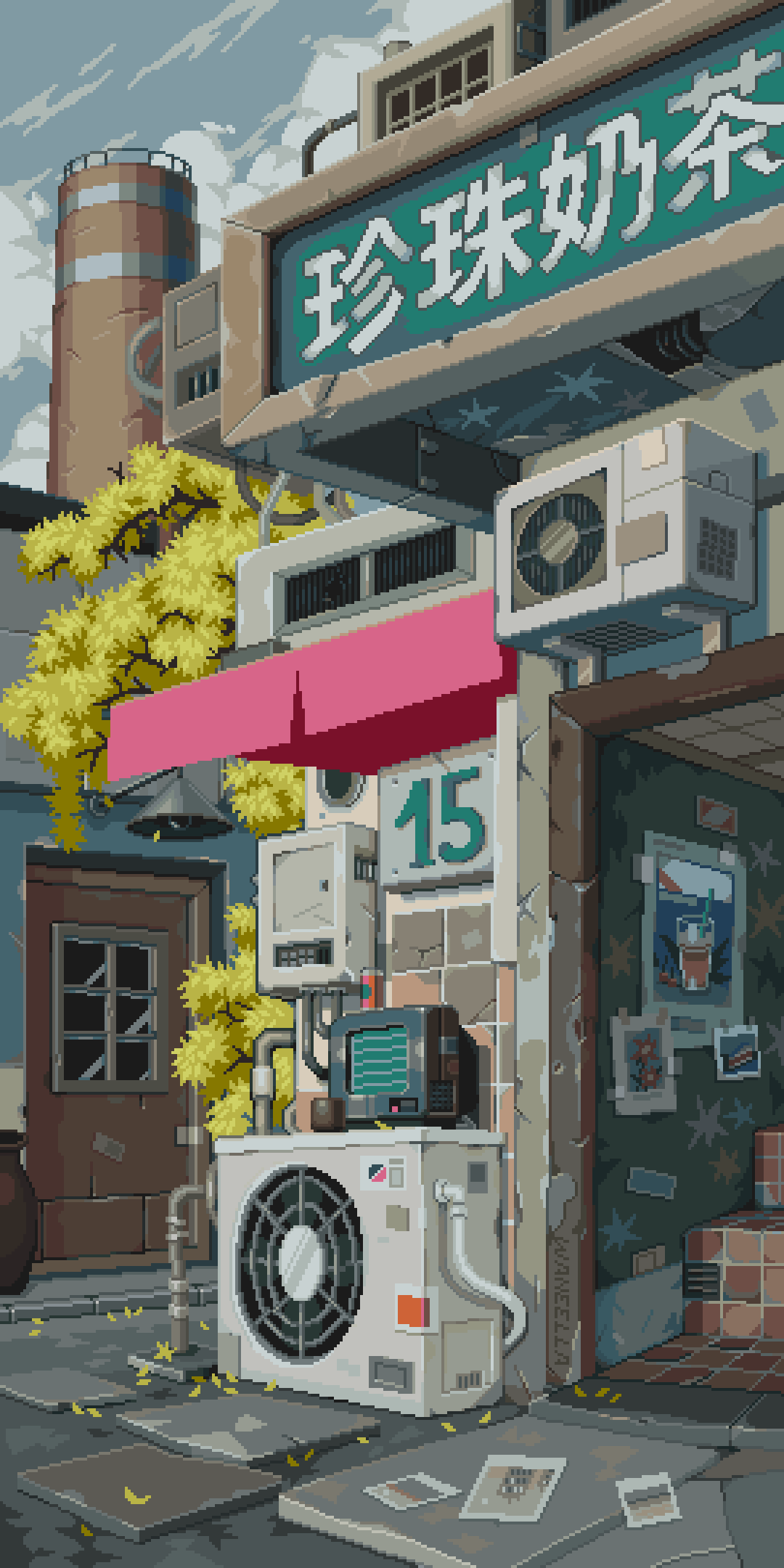 waneella, original, animated, animated gif, highres, absurdly detailed composition, air conditioner, air duct, awning, complex exterior, condenser unit, crt, day, flickering, kiosk, loaded interior, pixel art, poster (object), scenery, sidewalk, sign, storm drain, vending machine, wind