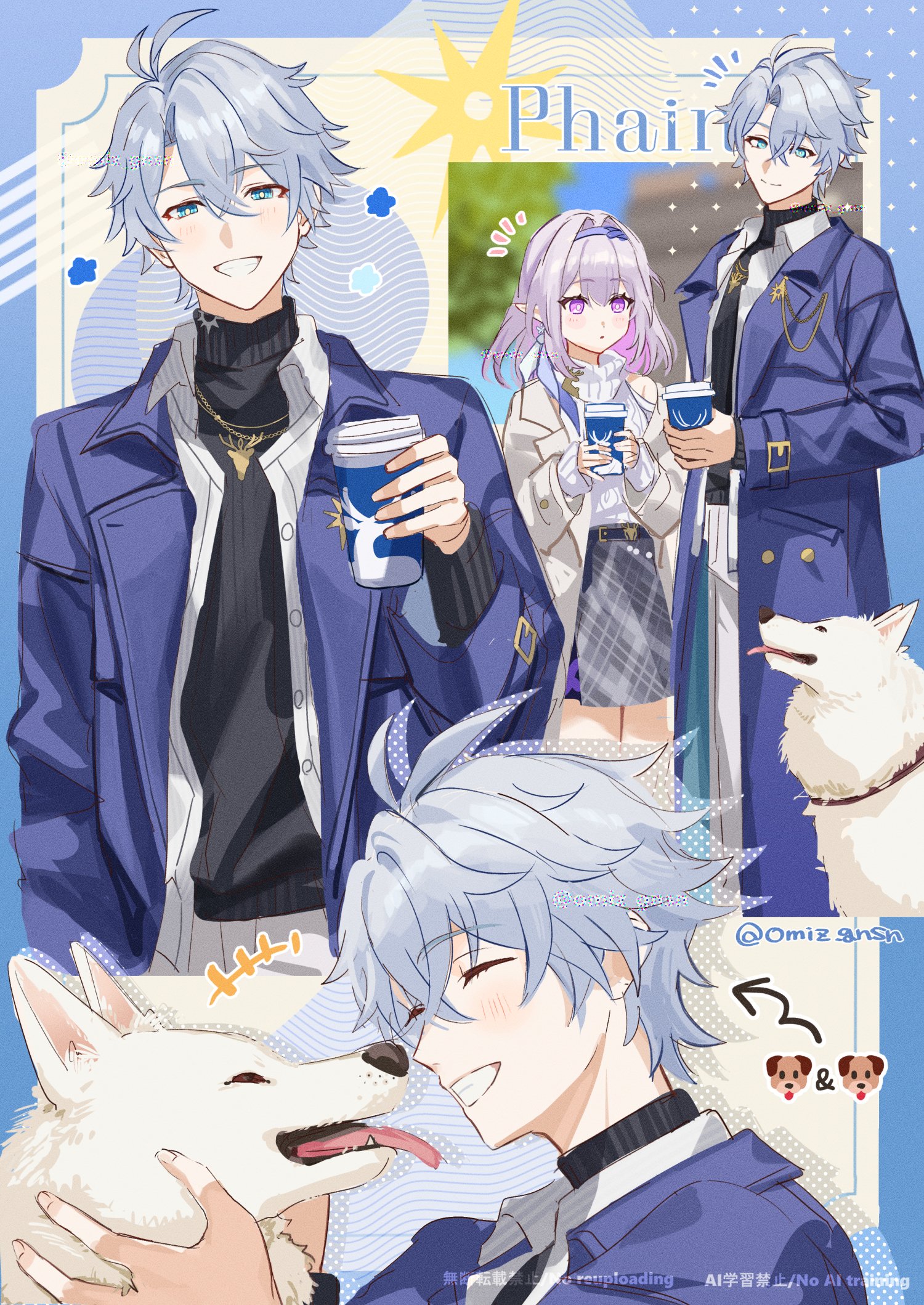 miz (mi), castorice (honkai: star rail), phainon (honkai: star rail), honkai: star rail, honkai (series), highres, 1girl, antenna hair, black sweater, blue coat, blue eyes, castorice (luckin coffee) (honkai: star rail), closed eyes, coat, crossed bangs, cup, deer necklace, disposable cup, dog, gold necklace, grey hair, grey skirt, grin, hair between eyes, holding, holding cup, jewelry, male focus, multiple views, necklace, official alternate costume, open clothes, open coat, open mouth, open shirt, parted bangs, phainon (luckin coffee) (honkai: star rail), purple eyes, purple hair, shirt, short hair, skirt, smile, sweater, teeth, tongue, tongue out, turtleneck, turtleneck sweater, twitter username, white shirt, yellow pupils