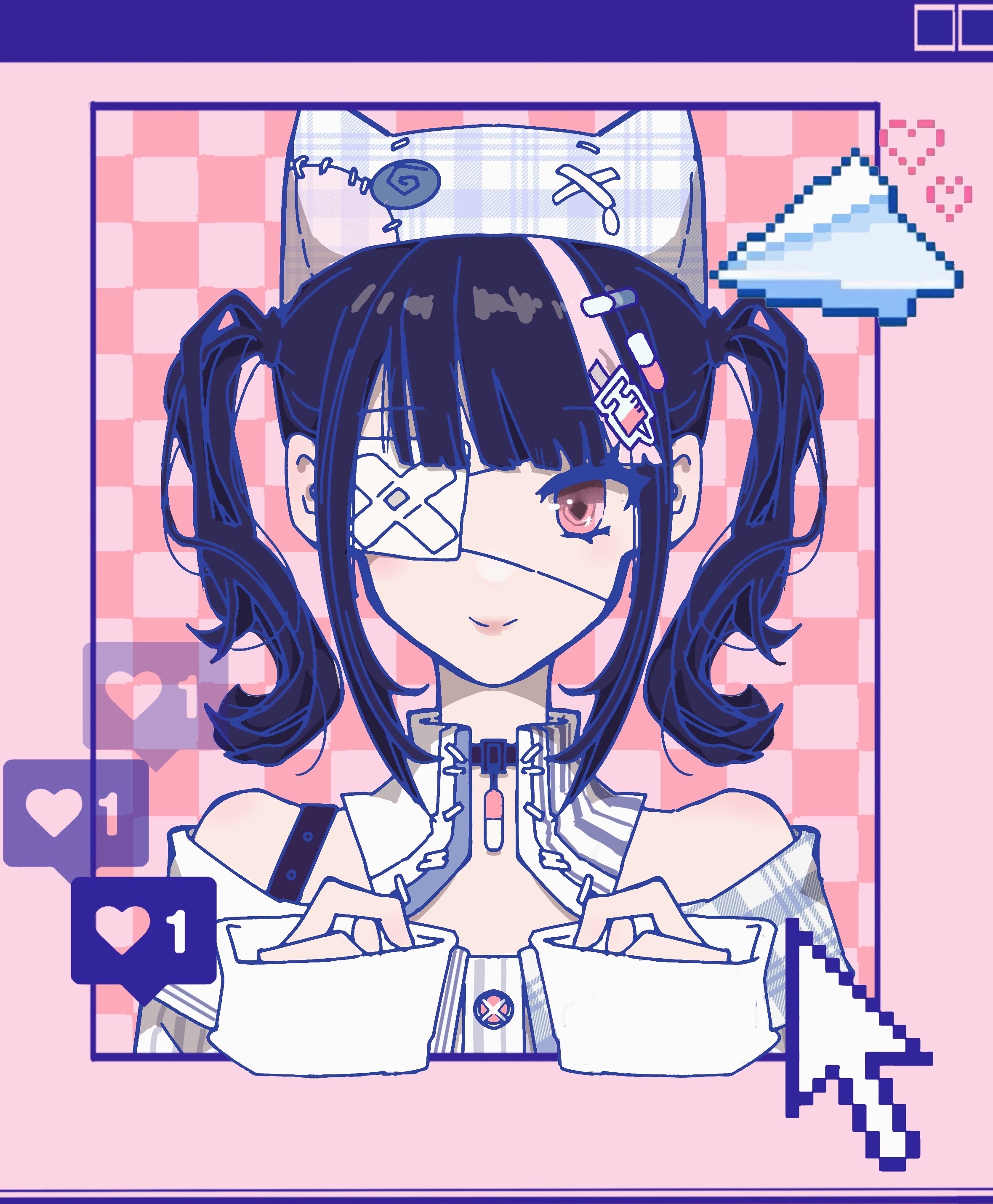 quirky idea (infinity nikki), infinity nikki, nikki (series), social network, absurdres, chinese commentary, commentary request, highres, 1girl, agent pp, animal ear headwear, animal ears, beanie, belt, belt collar, black belt, black hair, blue hat, blunt bangs, border, buttons, checkered background, closed mouth, collar, colored eyelashes, cropped torso, detached collar, dress, eyepatch, fake animal ears, hair ornament, hair tie, hairclip, hands up, happy, hat, heart, light blush, medical eyepatch, multicolored hair, off-shoulder dress, off shoulder, outside border, paper airplane, pill, pill hair ornament, pink background, pink border, pink eyes, pink lips, pixel art inset, plaid clothes, plaid dress, plaid hat, short hair, short twintails, single strap, sleeve cuffs, sleeves past wrists, smile, solo, straight-on, streaked hair, striped clothes, striped dress, syringe hair ornament, tenshi kaiwai, twintails, vertical-striped clothes, vertical-striped collar, vertical-striped dress, wavy hair, white collar, white dress, window (computing)