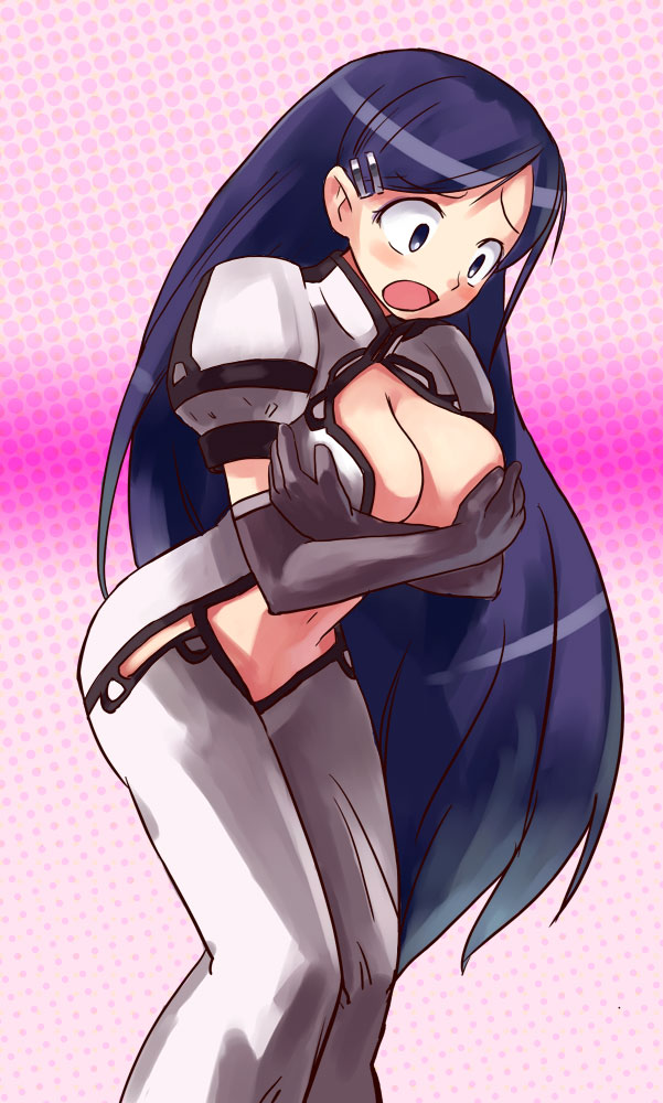 hirosato, socie soar, cave (developer), ibara, pink sweets ~ibara sorekara~, breast hold, blue eyes, blue hair, blush, breasts, cleavage, elbow gloves, embarrassed, gloves, hair ornament, hairclip, large breasts, leaning forward, long hair, midriff, open mouth, solo, very long hair