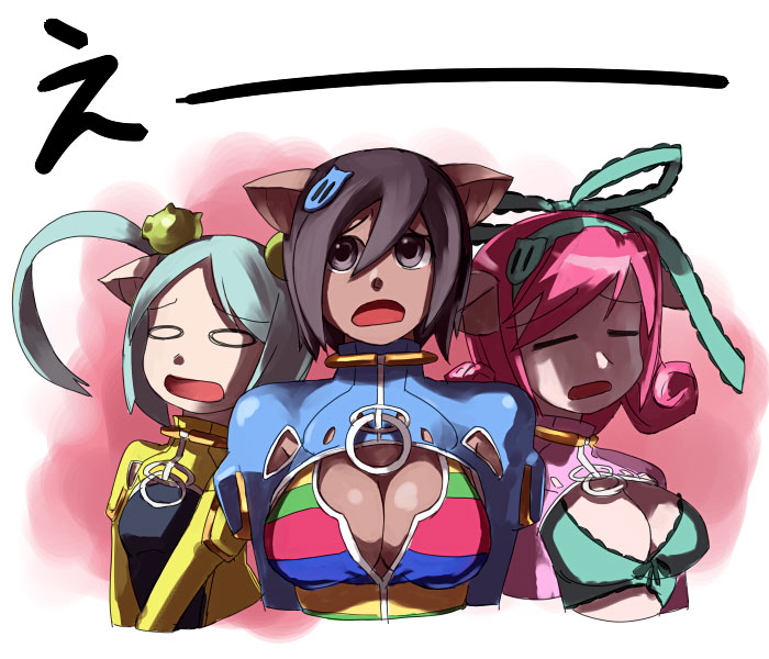 hirosato, barasoto momo, katakuchi ikuo, souki rafute, cave (developer), muchi muchi pork, 3girls, animal ears, black eyes, black hair, blue hair, breasts, cleavage, closed eyes, dark-skinned female, dark skin, hair ornament, hair ribbon, hairband, large breasts, multiple girls, o o, open mouth, pig ears, pig girl, pink hair, ribbon, short hair, simple background, small breasts, twintails