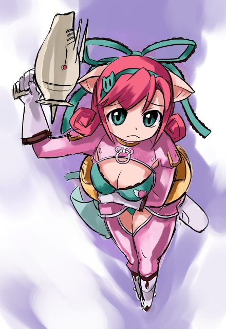 hirosato, barasoto momo, cave (developer), muchi muchi pork, 1girl, animal ears, breasts, cleavage, female focus, gloves, green eyes, gun, hairband, large breasts, looking at viewer, pig ears, pig girl, pink hair, red hair, solo, weapon