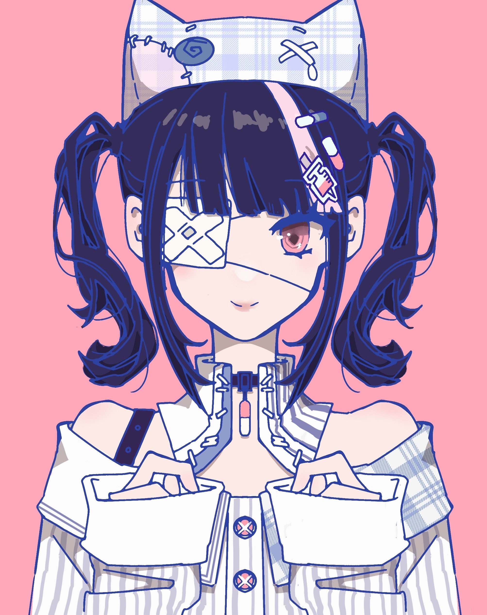 quirky idea (infinity nikki), infinity nikki, nikki (series), absurdres, chinese commentary, commentary request, highres, 1girl, agent pp, animal ear headwear, animal ears, beanie, belt, belt collar, black belt, black hair, blue hat, blunt bangs, border, buttons, checkered background, closed mouth, collar, colored eyelashes, cropped torso, detached collar, dress, eyepatch, fake animal ears, hair ornament, hair tie, hairclip, hands up, happy, hat, heart, light blush, long sleeves, medical eyepatch, multicolored hair, off-shoulder dress, off shoulder, pill, pill hair ornament, pink background, pink eyes, pink lips, plaid clothes, plaid dress, plaid hat, short hair, short twintails, simple background, single strap, sleeve cuffs, sleeves past wrists, smile, solo, straight-on, streaked hair, striped clothes, striped dress, syringe hair ornament, tenshi kaiwai, twintails, vertical-striped clothes, vertical-striped collar, vertical-striped dress, wavy hair, white collar, white dress, window (computing)