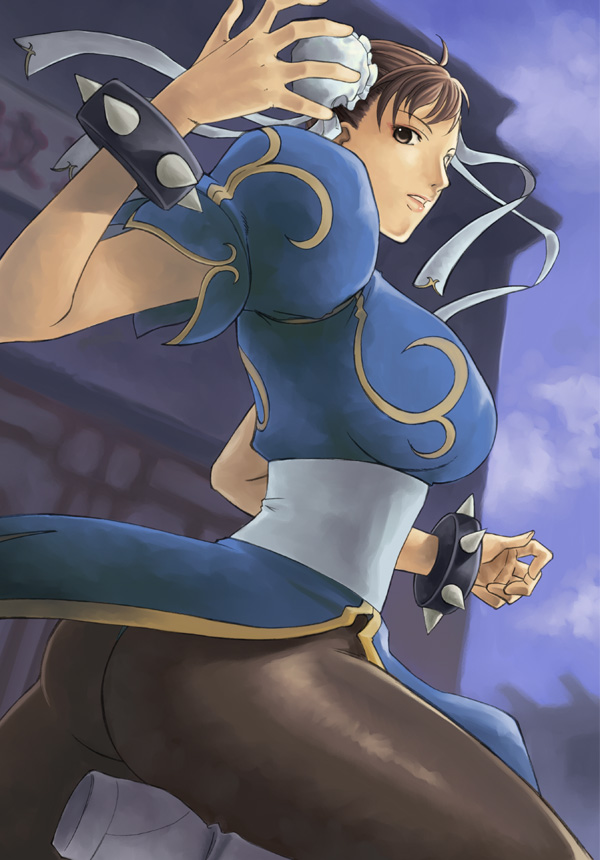 chun-li, capcom, street fighter, 1girl, ass, bracelet, breasts, brown eyes, brown hair, china dress, chinese clothes, dress, eyeshadow, female focus, jewelry, large breasts, makeup, pantyhose, sash, solo, spiked bracelet, spikes