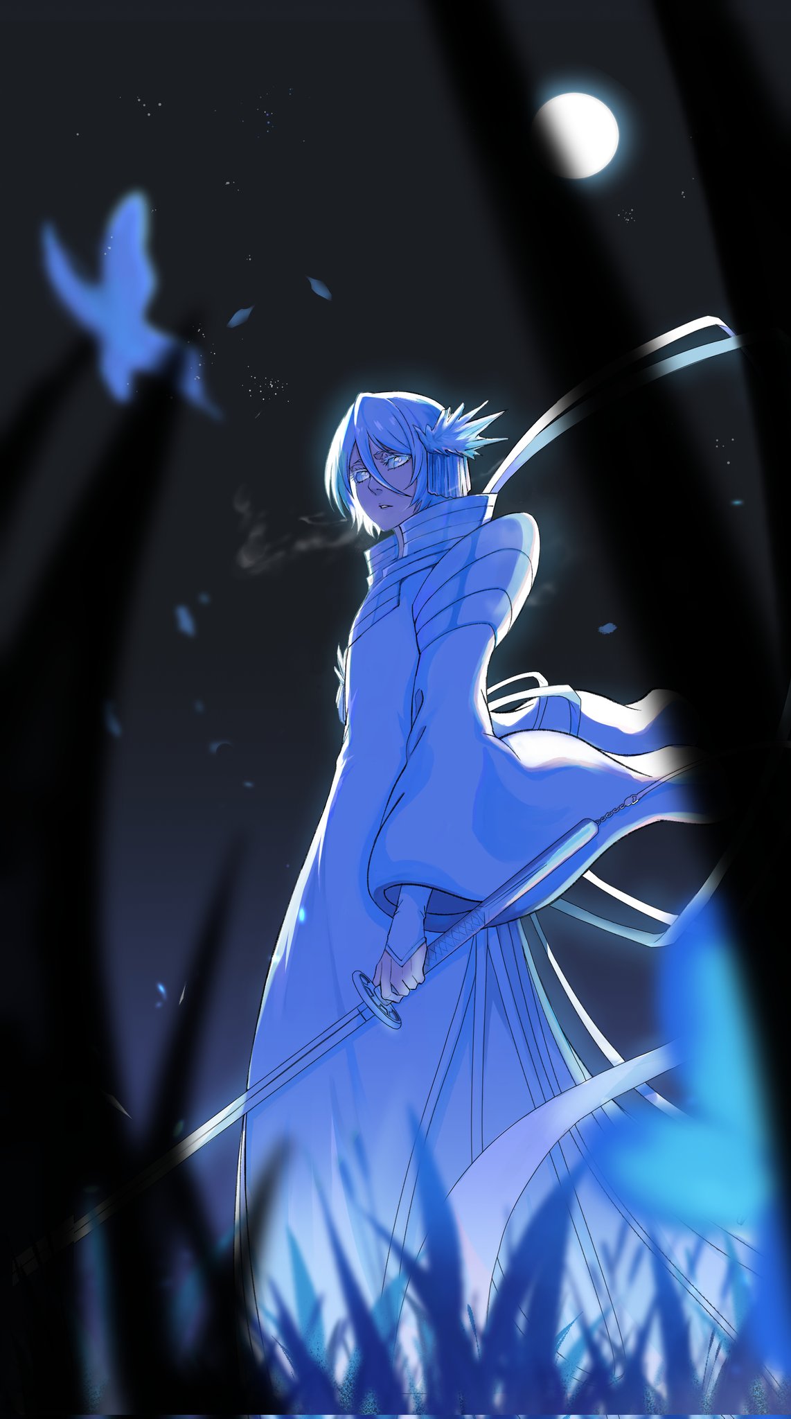 shaolong, kuchiki rukia, bleach, bleach: sennen kessen-hen, highres, 1girl, bankai, breath, bug, butterfly, collared dress, dress, full moon, grass, hair between eyes, hakka no togame (bankai), holding, holding sword, holding weapon, ice flower, insect, long ribbon, moon, night, official alternate costume, official alternate hair color, parted lips, ribbon, solo, star (sky), sword, weapon, white dress, white eyes, white ribbon, wide sleeves, zanpakutou