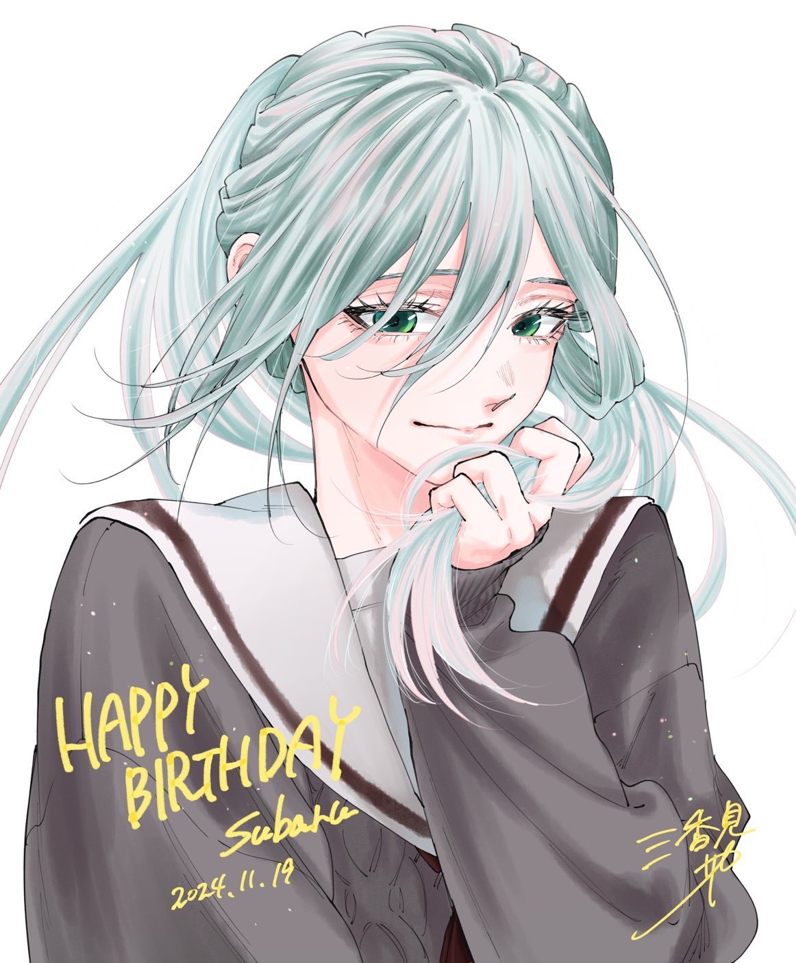 mikami saka, hoshina subaru, kaoru hana wa rin to saku, highres, official art, 1girl, aqua hair, artist name, blue hair, cardigan, character name, closed mouth, dated, eyelashes, green eyes, grey cardigan, grey sweater, hair between eyes, happy birthday, holding, long bangs, long hair, long sleeves, looking at viewer, neckerchief, ponytail, red neckerchief, sailor collar, school uniform, serafuku, signature, simple background, smile, solo, sweater, upper body, white background, white sailor collar