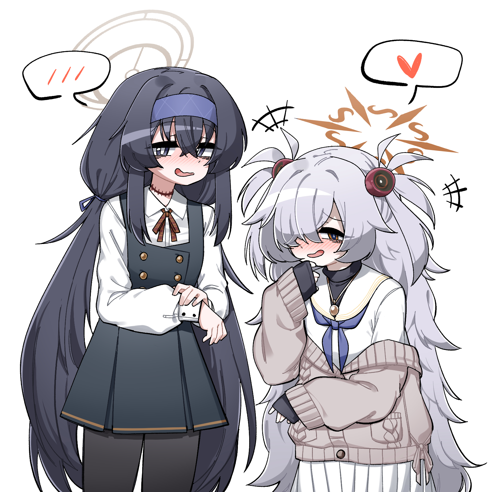 fey (whitepaper), kanoe (blue archive), ui (blue archive), blue archive, commentary request, highres, korean commentary, +++, 2girls, bags under eyes, black dress, black hair, black pantyhose, black sweater, blue eyes, blue neckerchief, blue ribbon, blush, bright pupils, brown cardigan, buttons, cardigan, collared shirt, cosplay, costume switch, cowboy shot, crossed bangs, diagonal-striped ribbon, double-breasted, dress, flat chest, grey hair, grey halo, hair between eyes, hair over one eye, hair ribbon, half-closed eyes, halo, hand on own chin, hand on own wrist, hand up, heart, jewelry, long bangs, long hair, long sidelocks, long sleeves, looking at viewer, low twintails, messy hair, mojyo, multiple girls, neckerchief, necklace, nose blush, off shoulder, open mouth, orange eyes, orange halo, pantyhose, parted bangs, pinafore dress, puffy long sleeves, puffy sleeves, red ribbon, ribbon, scar, scar on neck, school uniform, serafuku, shirt, short twintails, sidelocks, sideways glance, simple background, sleeve cuffs, sleeveless, sleeveless dress, sleeves past wrists, smirk, speech bubble, sphere hair ornament, spoken blush, spoken heart, sweater, turtleneck, turtleneck sweater, twintails, very long hair, wavy mouth, white background, white pupils, white serafuku, white shirt