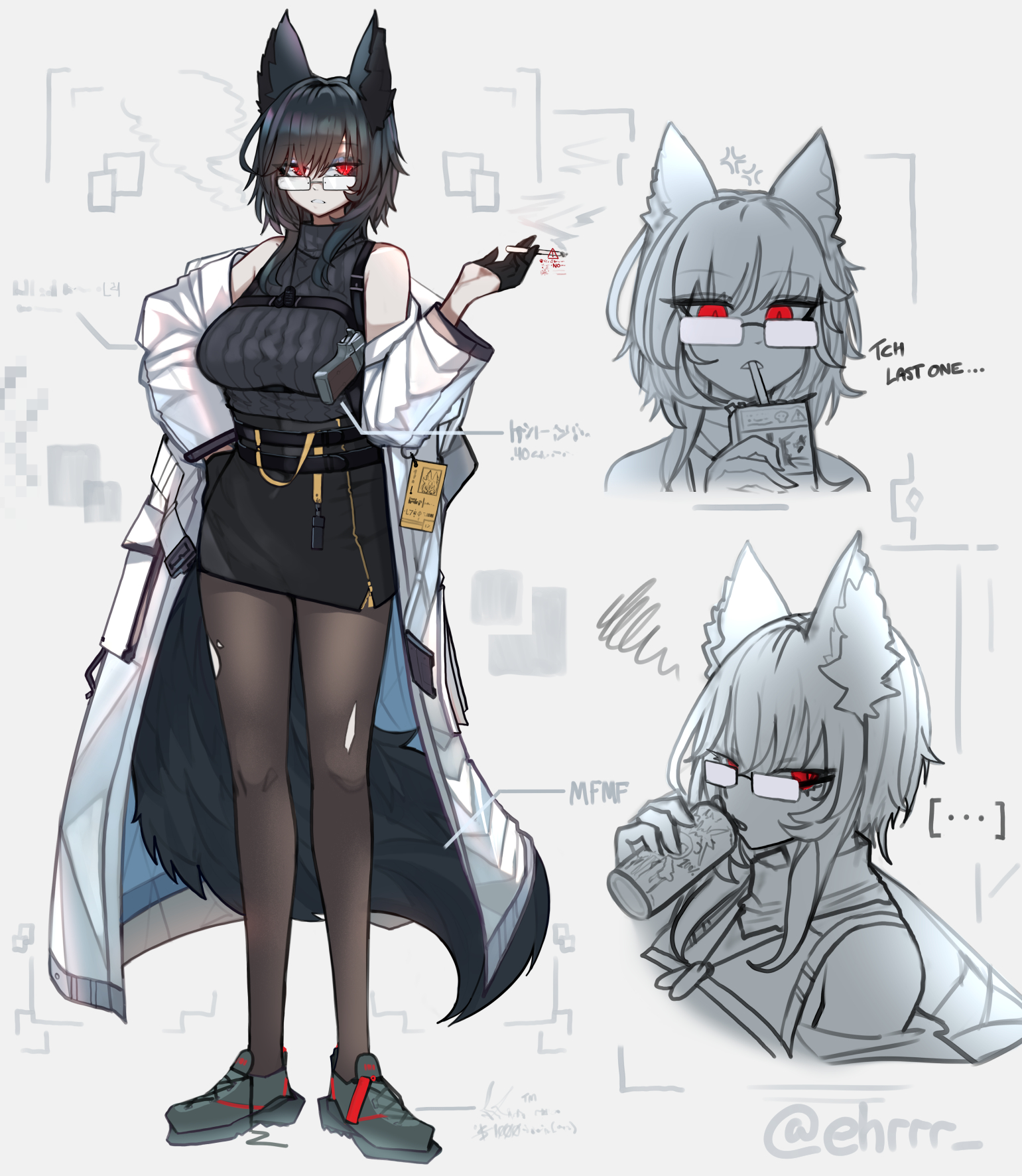 ehrrr, original, highres, 1girl, animal ears, cigarette, dog tags, flash drive, fox ears, fox girl, fox tail, glasses, gloves, gun, half gloves, handgun, holding, holding cigarette, holster, id card, lab coat, lanyard, off shoulder, pantyhose, red eyes, shoes, shoulder holster, skirt, sneakers, sweater vest, tail, torn clothes, torn pantyhose, weapon