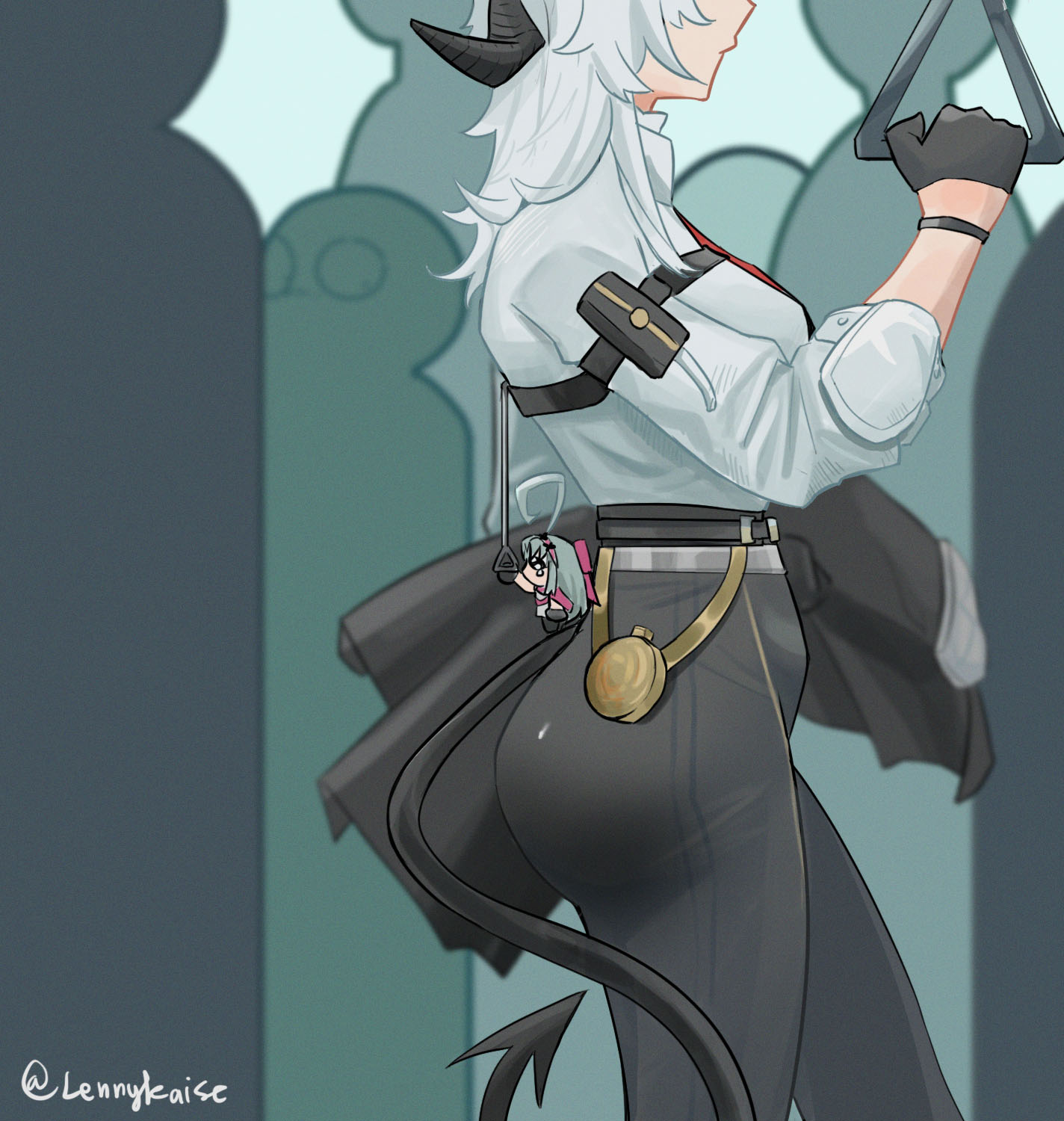 lennykaise, carlotta (wuthering waves), zani (wuthering waves), wuthering waves, commentary, derivative work, hashtag-only commentary, highres, 2girls, arm pouch, ass, black gloves, black horns, black pants, black tail, breasts, closed mouth, curled horns, demon tail, eyes out of frame, from side, gloves, grey hair, head out of frame, holding, holding jacket, holding unworn clothes, horns, jacket, long hair, medium breasts, mini person, minigirl, multiple girls, pants, people, shirt, shirt tucked in, tail, tight clothes, tight pants, twitter username, unworn jacket, white shirt