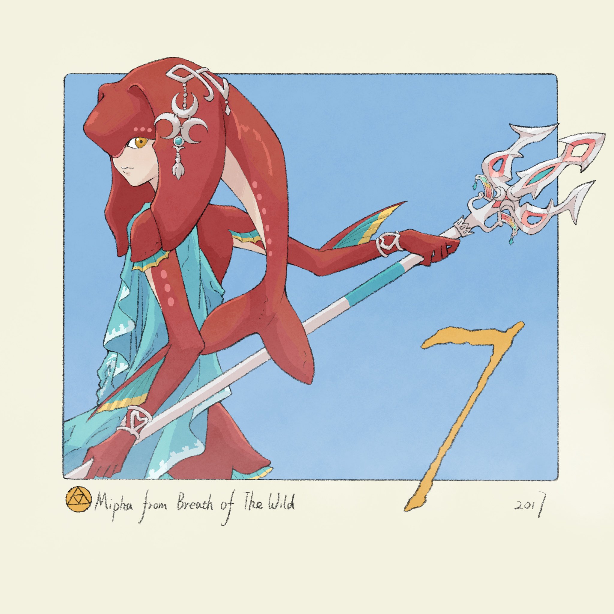 yangyaozigo, mipha, nintendo, the legend of zelda, the legend of zelda: breath of the wild, commentary, english commentary, highres, 1girl, blue background, character name, colored skin, copyright name, fins, fish girl, from behind, head fins, holding, holding polearm, holding weapon, jewelry, looking to the side, polearm, red skin, solo, trident, triforce, weapon, yellow eyes, zora