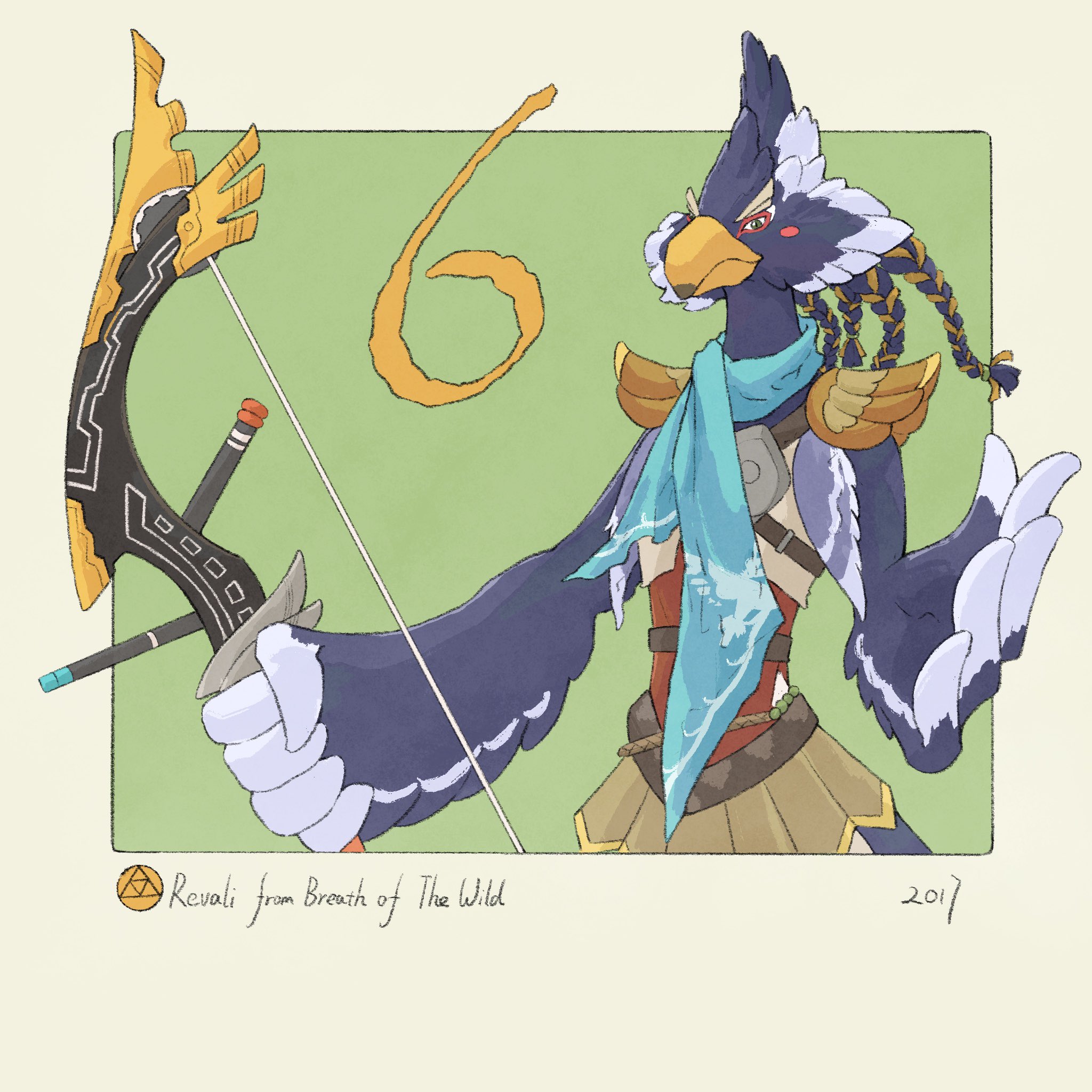 yangyaozigo, revali, nintendo, the legend of zelda, the legend of zelda: breath of the wild, commentary, english commentary, highres, 1boy, beak, bird boy, bow (weapon), braid, character name, copyright name, green background, holding, holding bow (weapon), holding weapon, male focus, multiple braids, polearm, rito, solo, trident, triforce, weapon