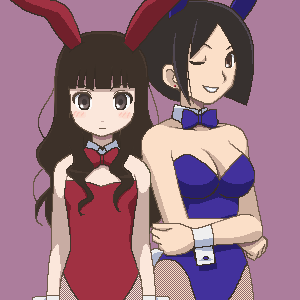 arai chie, itoshiki rin, sayonara zetsubou sensei, lowres, 00s, animal ears, black hair, bow, bowtie, brown eyes, fake animal ears, long hair, oekaki, pantyhose, playboy bunny, rabbit ears, short hair