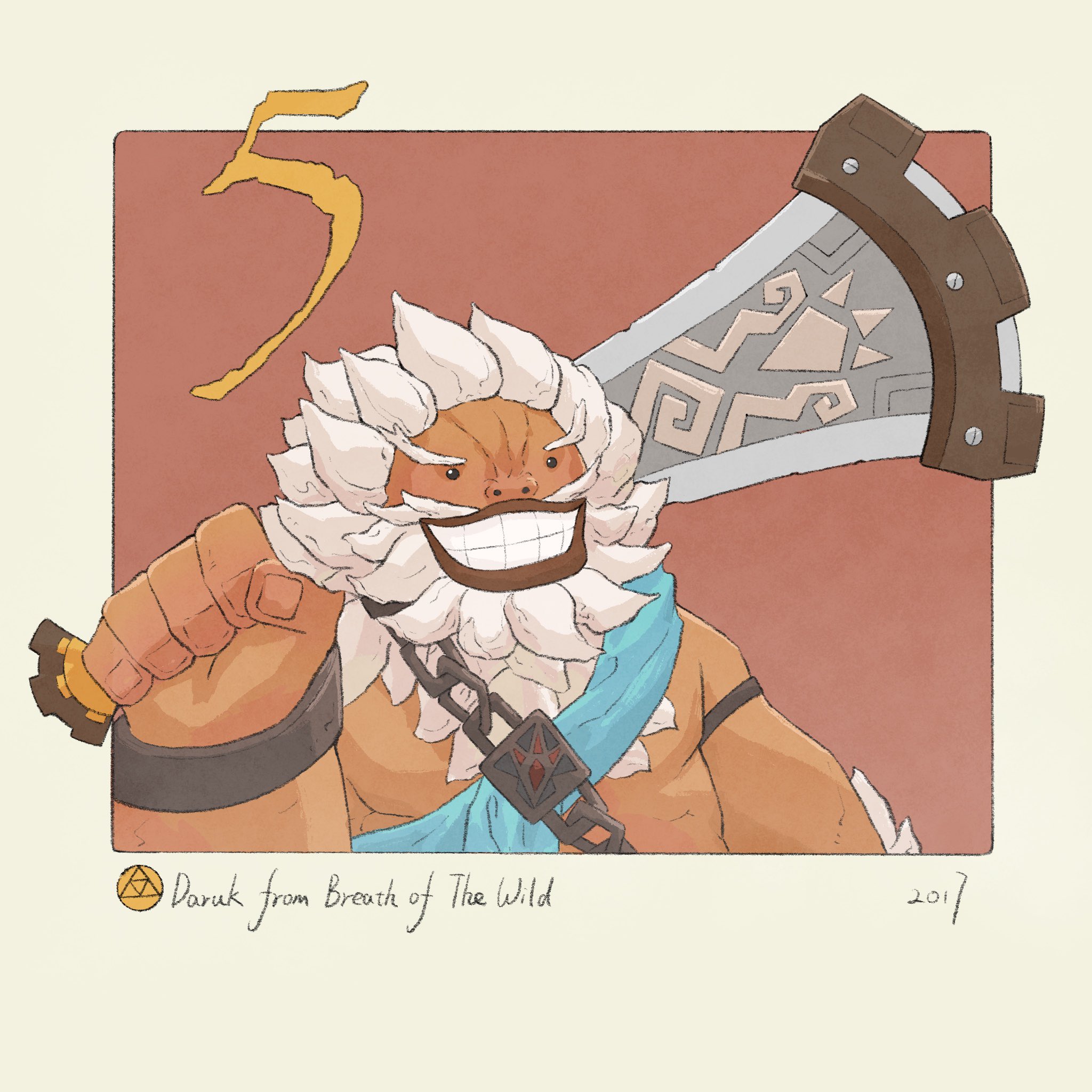 yangyaozigo, daruk, nintendo, the legend of zelda, the legend of zelda: breath of the wild, commentary, english commentary, highres, 1boy, character name, copyright name, goron, grin, holding, holding sword, holding weapon, male focus, red background, smile, solo, sword, teeth, triforce, weapon, white hair