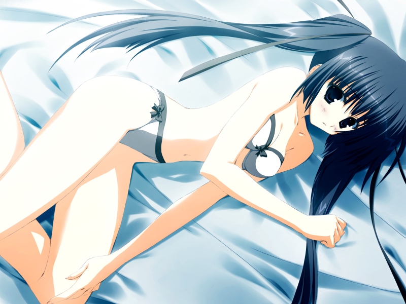 suzuri, suzuri (tennenseki), kohinata hayami, h2o footprints in the sand, 00s, 1girl, bed, bikini, black eyes, blue hair, blue theme, bow, bow bra, bow panties, bra, female focus, lingerie, lying, panties, solo, swimsuit, twintails, underwear, underwear only