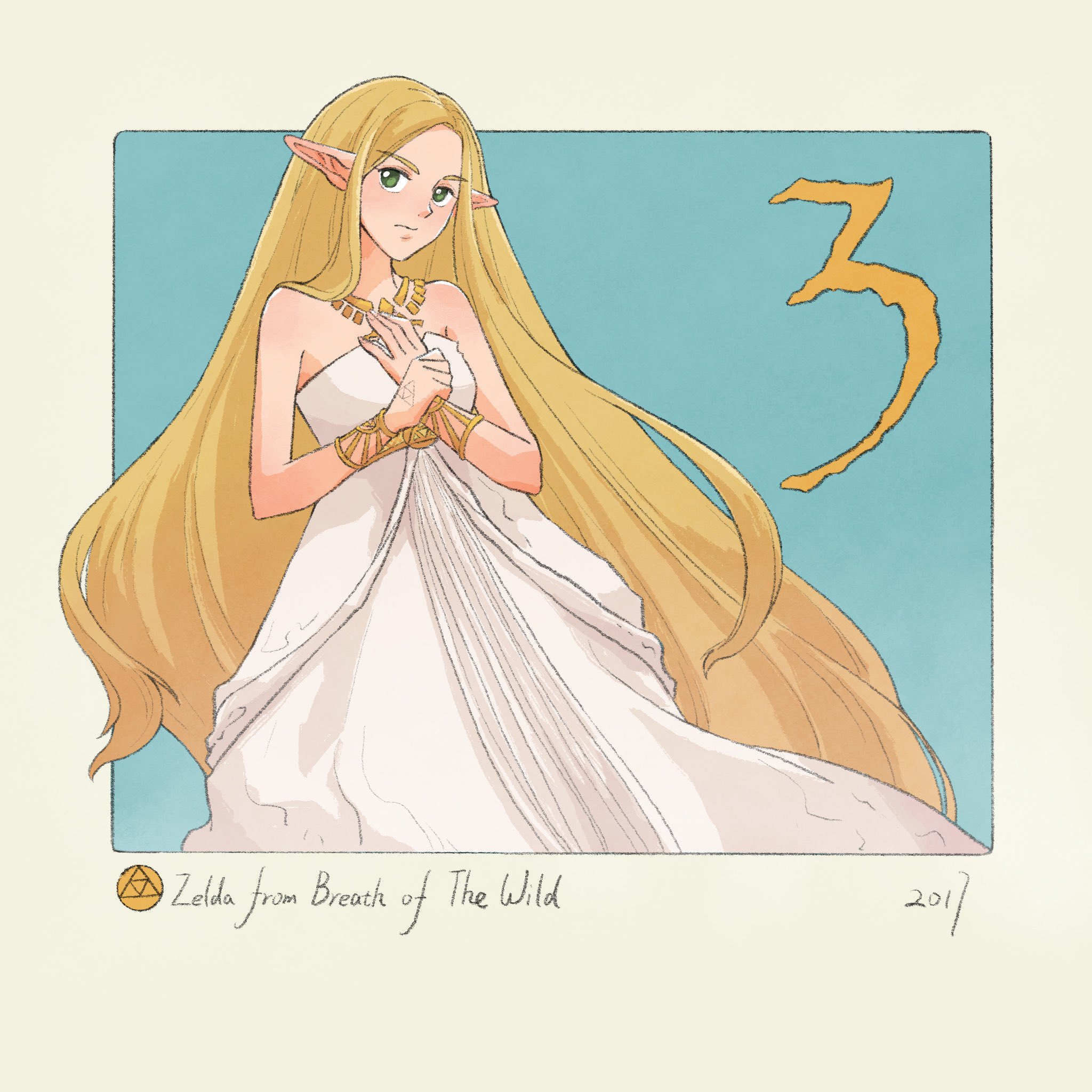 yangyaozigo, princess zelda, nintendo, the legend of zelda, the legend of zelda: breath of the wild, commentary, english commentary, highres, 1girl, blonde hair, blue background, character name, copyright name, dress, green eyes, jewelry, long hair, looking at viewer, necklace, off-shoulder dress, off shoulder, pointy ears, solo, triforce, white dress