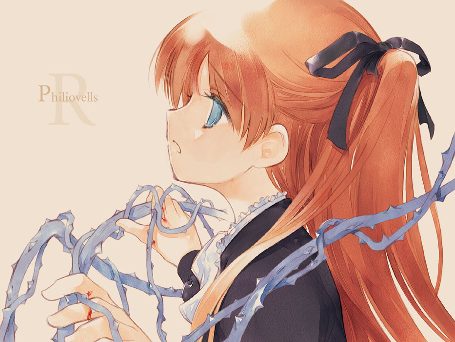 sumi keiichi, original, 1girl, blood, blue eyes, female focus, hair ribbon, open mouth, plant, red hair, ribbon, solo, thorns, twintails, vines