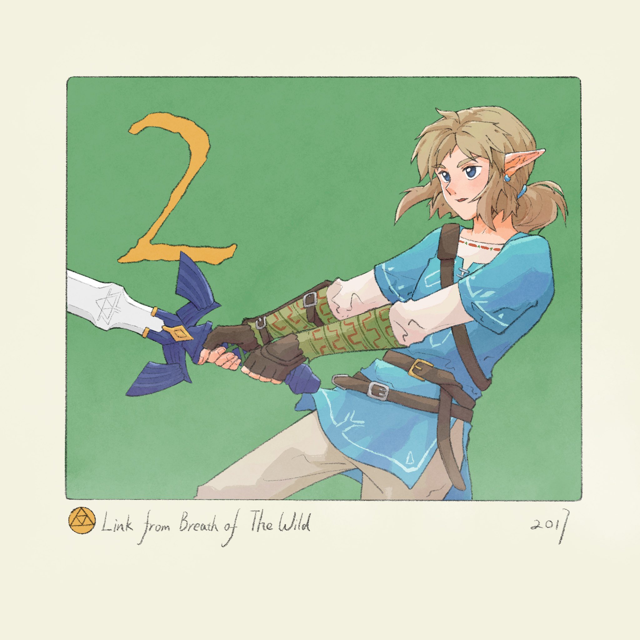 yangyaozigo, link, nintendo, the legend of zelda, the legend of zelda: breath of the wild, commentary, english commentary, highres, belt, blonde hair, blue shirt, brown gloves, champion's tunic (zelda), character name, copyright name, ear piercing, fingerless gloves, gloves, green background, holding, holding sword, holding weapon, looking to the side, master sword, parted lips, piercing, pointy ears, ponytail, shirt, short ponytail, sword, triforce, weapon