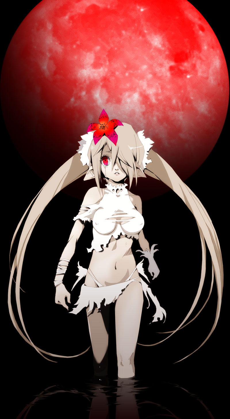 soutatsu, original, highres, 1girl, breasts, cleavage cutout, clothing cutout, covered erect nipples, female focus, flower, full moon, gloves, grey hair, hair flower, hair ornament, hair over one eye, large breasts, long hair, midriff, monochrome, moon, navel, outdoors, panties, red eyes, red moon, single glove, skirt, sky, solo, spot color, tears, torn clothes, turtleneck, twintails, underwear, very long hair, wading, water, white hair