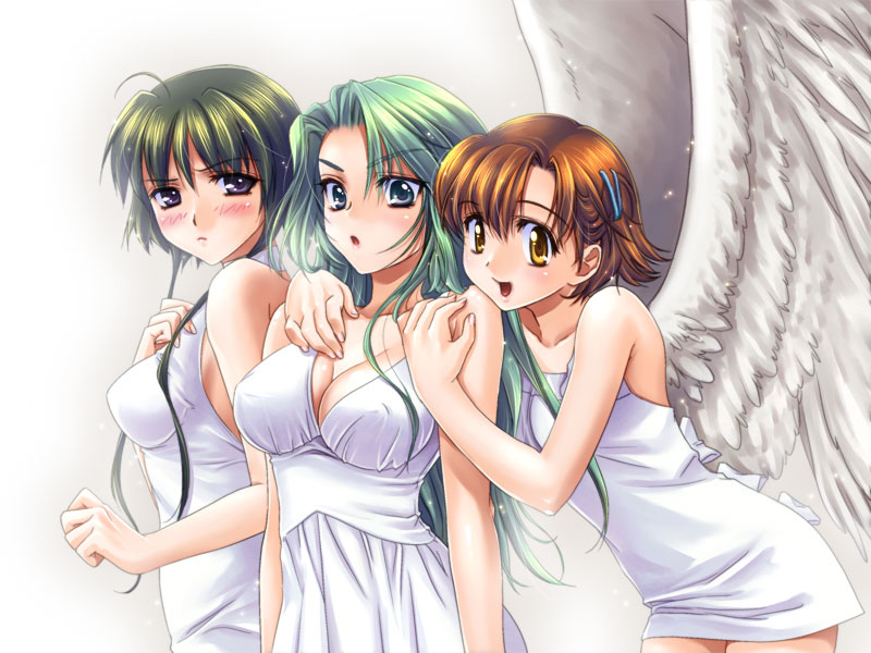 gason miho, original, 3girls, bare shoulders, blue eyes, blush, breasts, brown hair, cleavage, dress, green hair, hair ornament, hairclip, happy, hug, hug from behind, jealous, long hair, multiple girls, open mouth, short hair, sleeveless, surprised, white dress, wings, yellow eyes, yuri