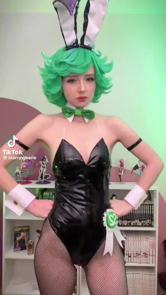 tatsumaki, one-punch man, tiktok, animated, audible music, sound, tagme, video, 1girl, breasts, cosplay, dancing, green eyes, green hair, leather, leotard, playboy bunny, short hair, skinny, sleeve cuffs, small breasts