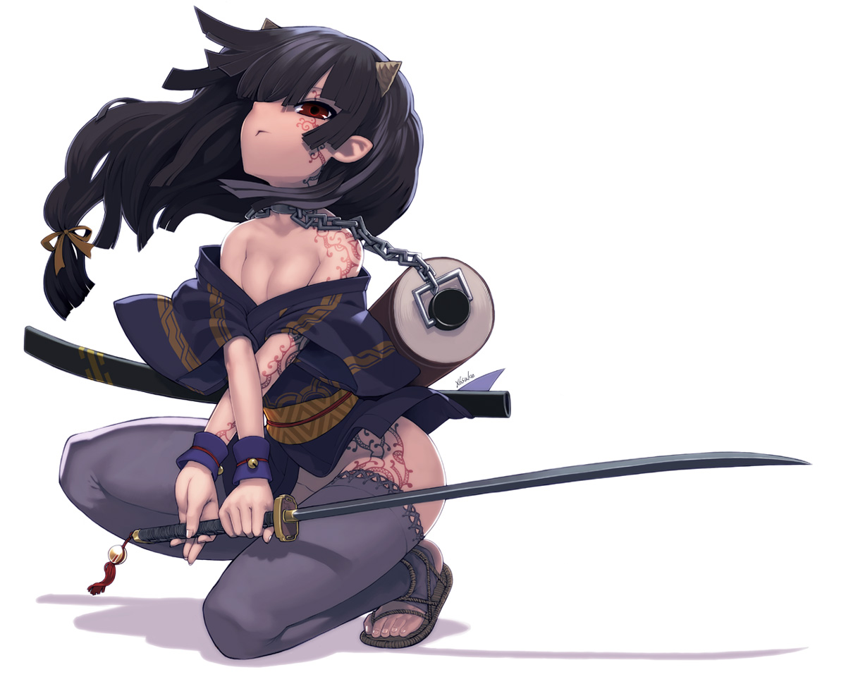 x6suke, original, 1girl, bare shoulders, bell, black hair, bodypaint, breasts, chain, cleavage, clothes down, female focus, horns, japanese clothes, katana, kimono, long hair, no panties, off shoulder, on one knee, pointy ears, red eyes, sandals, scroll, short kimono, solo, sword, tattoo, thighhighs, toeless legwear, toes, weapon, wristband, zouri