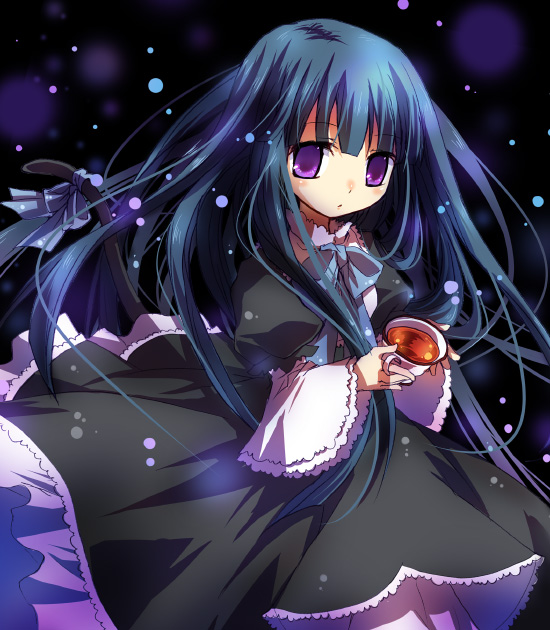 suzushiro kurumi, frederica bernkastel, umineko no naku koro ni, 00s, blue hair, dress, drink, long hair, purple eyes, solo, tail