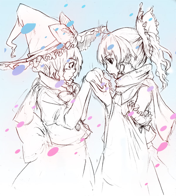 satori, satori (transient wind), hakurei reimu, kirisame marisa, perfect cherry blossom, touhou, 2girls, female focus, gradient background, hat, holding hands, monochrome, multiple girls, scarf, sketch, skirt, spot color, white background