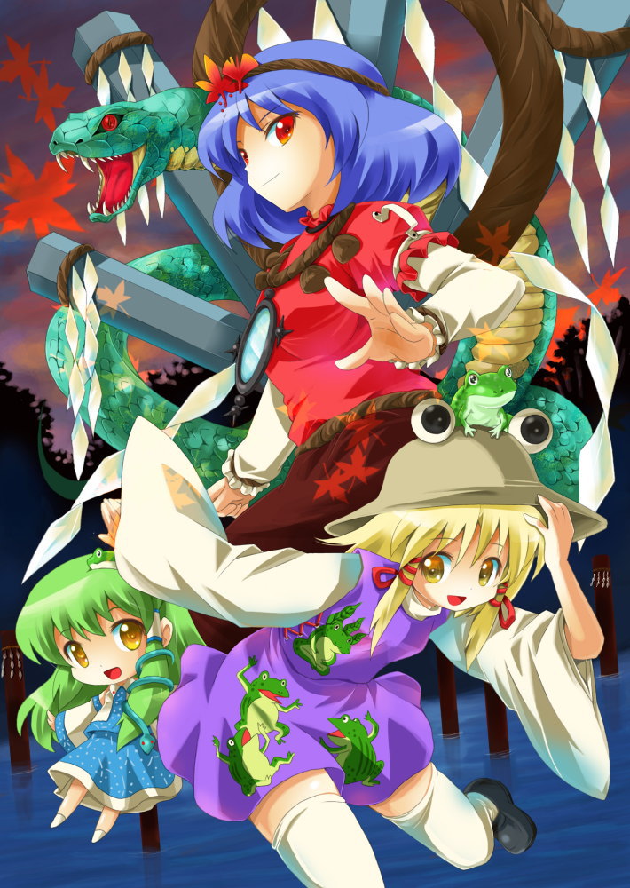 michii yuuki, kochiya sanae, moriya suwako, yasaka kanako, touhou, white legwear, 3girls, :d, blonde hair, brooch, brown eyes, detached sleeves, dress, expressionless, extra eyes, female focus, gem, jewelry, loafers, long sleeves, looking at viewer, multiple girls, open mouth, puffy short sleeves, puffy sleeves, purple hair, red dress, rope, running, shimenawa, shoes, short hair, short sleeves, smile, sweater, thighhighs, zettai ryouiki