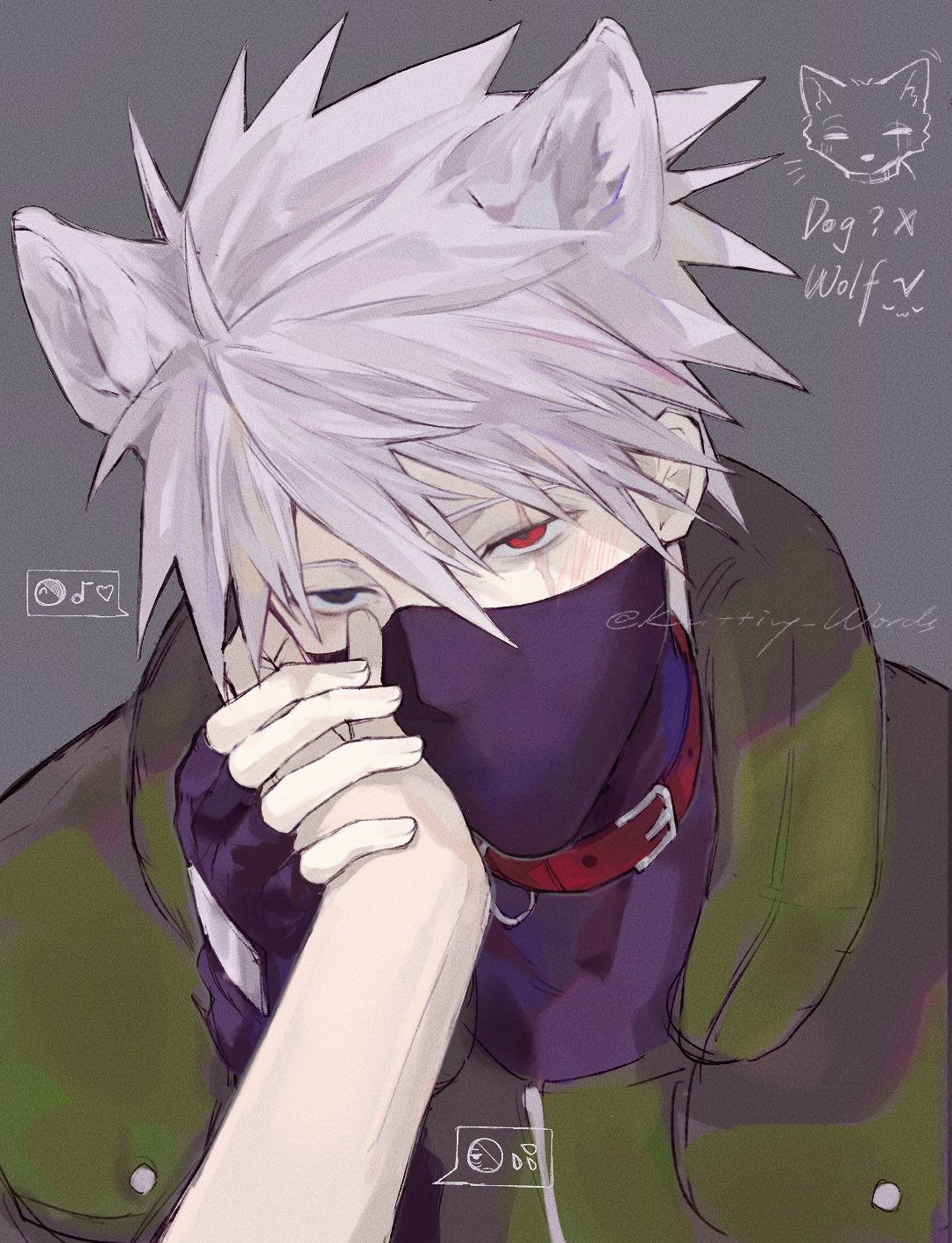zhiyanpianyu55126, hatake kakashi, naruto (series), commentary request, highres, 1boy, 1other, animal ears, black eyes, choker, flak jacket, grey background, hand on another's face, heterochromia, jacket, konohagakure shinobi uniform, light blush, looking at viewer, male focus, red choker, red eyes, scar, scar across eye, scar on face, short hair, simple background, twitter username, upper body, white hair, wolf boy, wolf ears