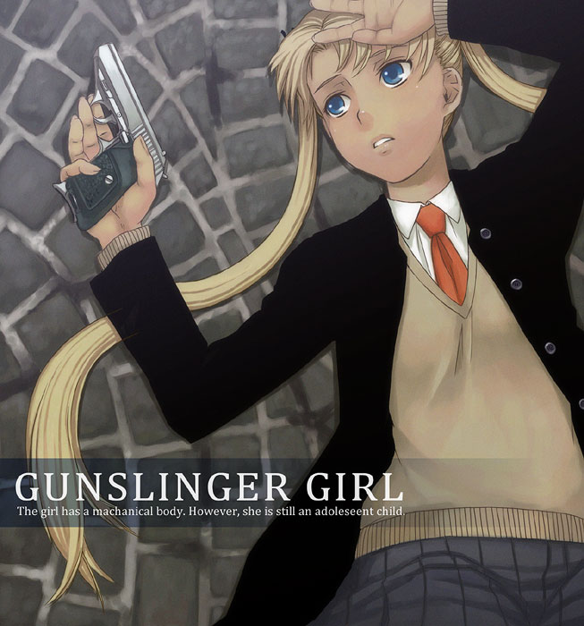 itou (onsoku tassha), triela, gunslinger girl, 00s, 1girl, blonde hair, dark-skinned female, dark skin, english text, female focus, gun, handgun, lying, on back, onnsoku, pistol, solo, weapon