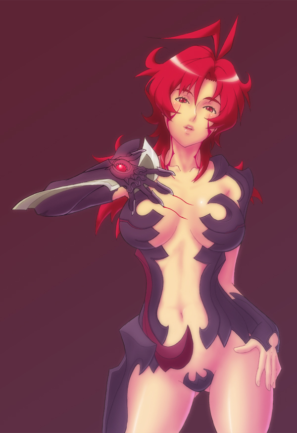 kazunari, rakugake, amaha masane, witchblade, 00s, 1girl, :o, arm guards, armor, bikini armor, black sclera, bodysuit, breasts, c-string, cleavage, collarbone, colored sclera, contrapposto, cowboy shot, female focus, hand on own hip, large breasts, looking at viewer, navel, open mouth, ponytail, red background, red eyes, red hair, revealing clothes, short hair, simple background, solo, standing, stomach, strapless bottom