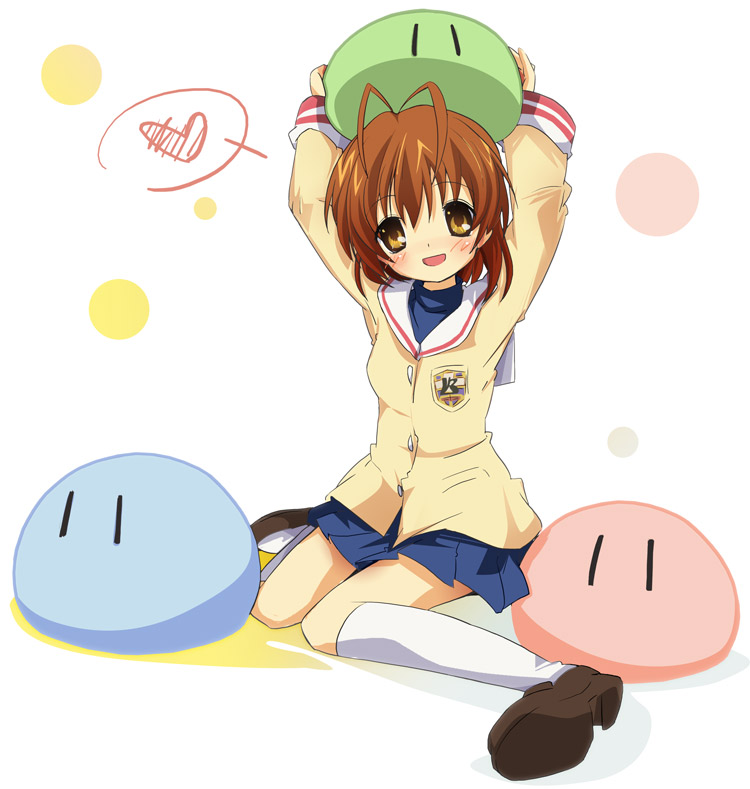 ixy, furukawa nagisa, clannad, dango daikazoku, 00s, blush, heart, kneehighs, school uniform, serafuku, socks, solo, spoken heart