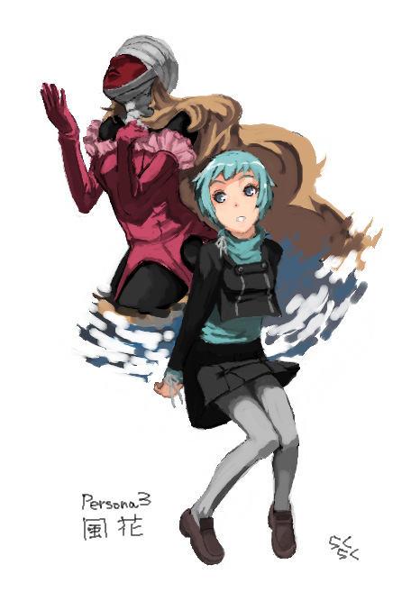 rkrk, lucia (persona), yamagishi fuuka, atlus, persona, persona 3, aqua hair, bandages, blonde hair, elbow gloves, gloves, loafers, long hair, pantyhose, school uniform, serafuku, shoes, very long hair, white pantyhose
