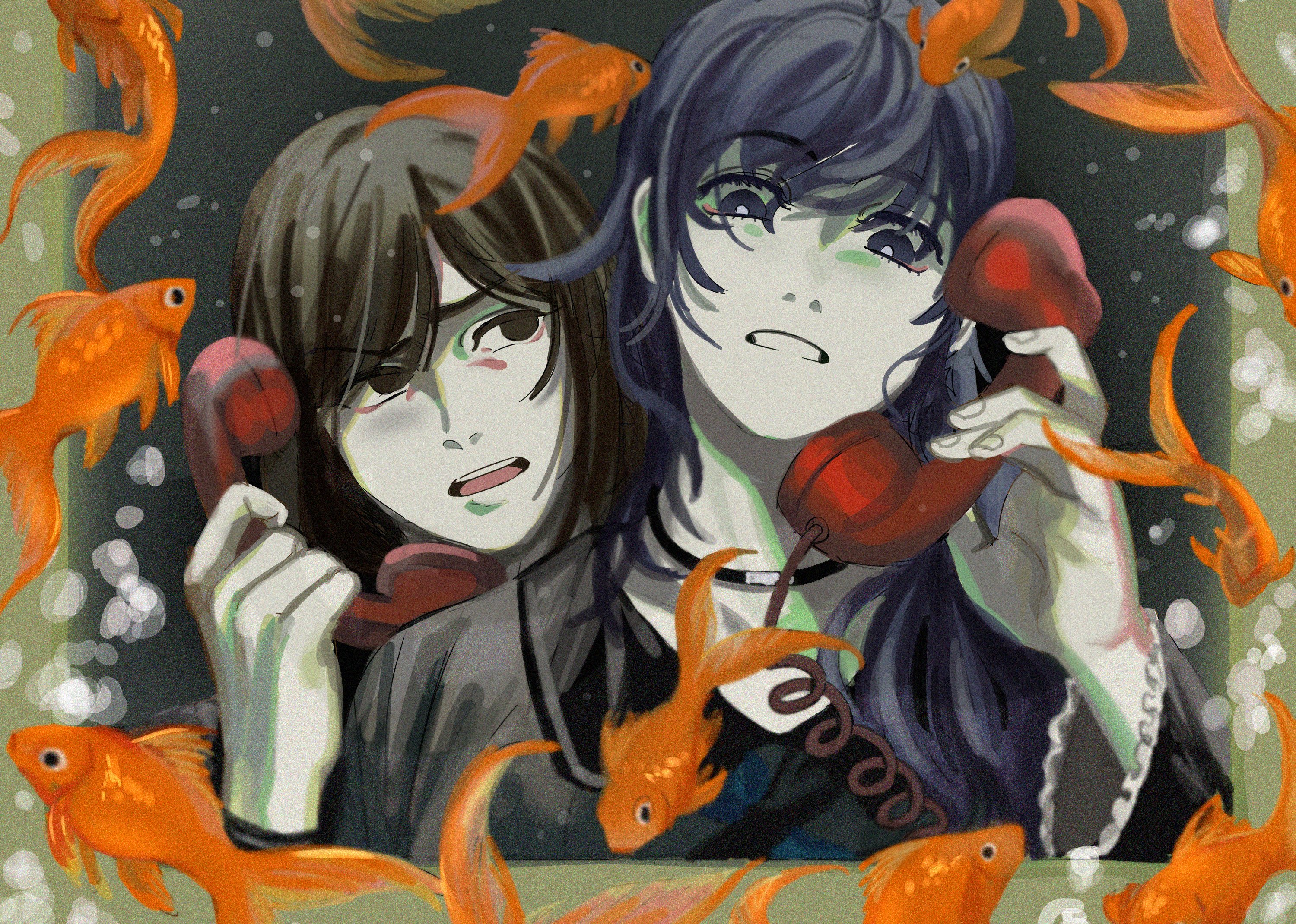 asahina mafuyu, shinonome ena, project sekai, highres, 2girls, 3overdose3, aquarium, brown eyes, brown hair, bubble, choker, collared shirt, fish, fish tank, furrowed brow, goldfish, hair between eyes, holding, holding telescope, long hair, long sleeves, looking at another, multicolored hair, multiple girls, open mouth, phone, ponytail, purple eyes, purple hair, shirt, short hair, telescope, upper body, yuri
