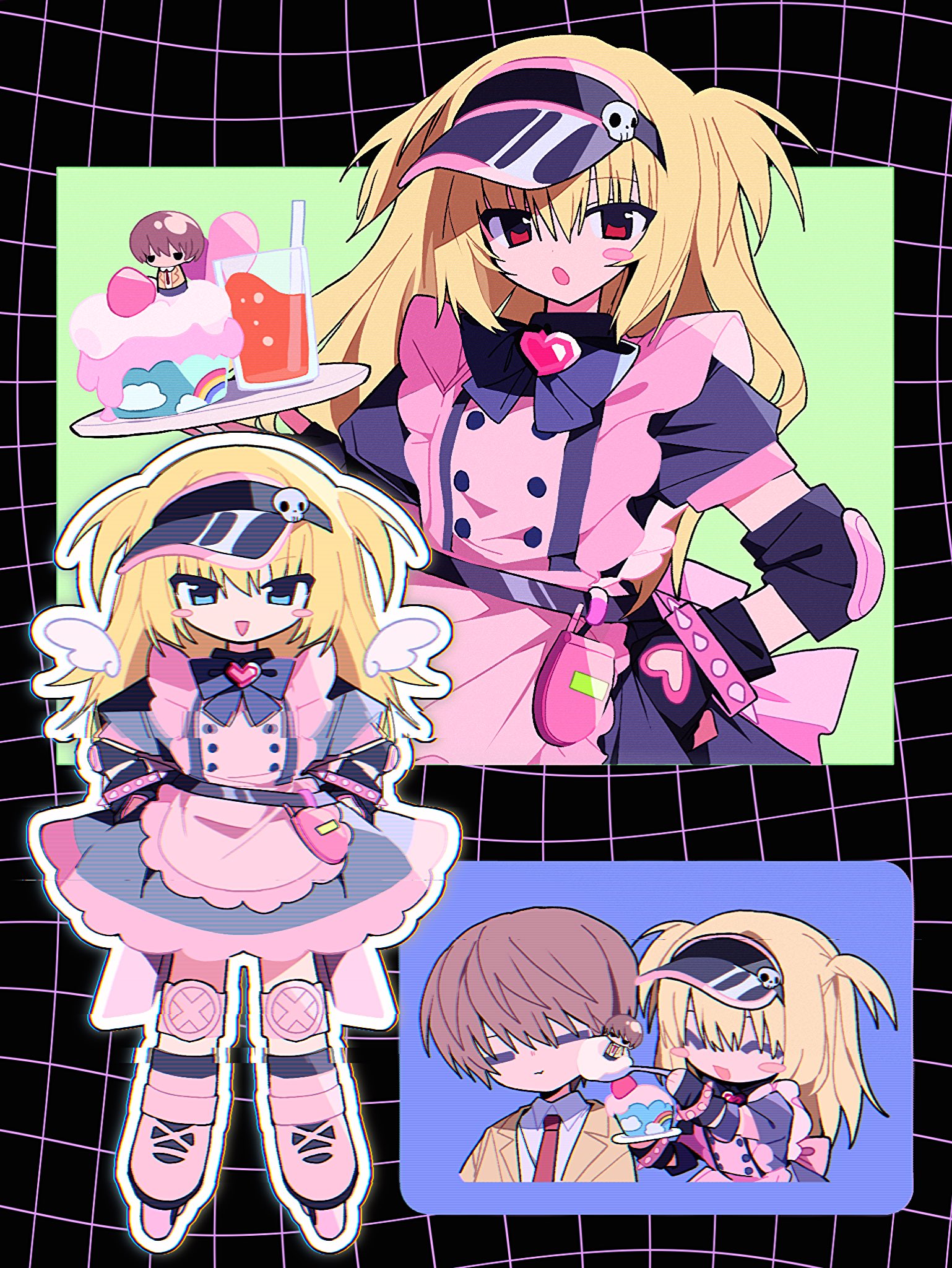 amane misa, yagami light, death note, highres, 1boy, 1girl, alternate costume, apron, black shirt, black skirt, blonde hair, blue eyes, brown hair, cake, closed eyes, collared shirt, drink, food, holding, holding tray, jacket, maid, necktie, open mouth, pink apron, red eyes, red necktie, roller skates, shirt, short hair, skates, skirt, sleep0 0sheep, tray, two side up, upper body, white shirt, yellow jacket