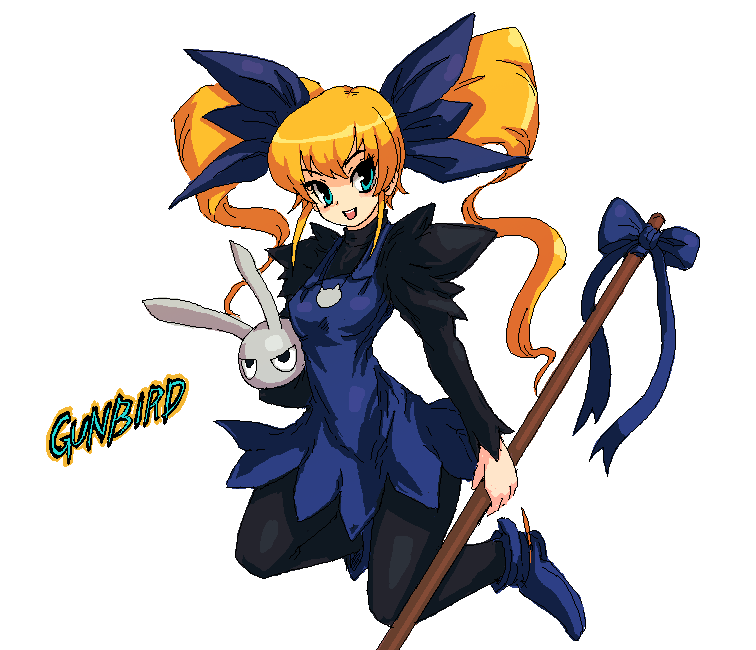 kara (color), marion, pomupomu, gunbird, >:d, 1girl, :d, ankle boots, aqua eyes, black pantyhose, blonde hair, blue boots, blue dress, blue ribbon, blush, boots, breasts, copyright name, dress, female focus, full body, hair ribbon, holding, holding staff, jumping, long hair, looking at viewer, medium breasts, open mouth, pantyhose, pinafore dress, pom pom (cheerleading), rabbit, ribbon, simple background, sleeveless, sleeveless dress, smile, solo, staff, stuffed animal, stuffed rabbit, stuffed toy, twintails, v-shaped eyebrows, white background