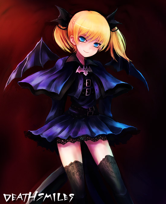 kara (color), casper (deathsmiles), cave (developer), deathsmiles, 1girl, bat wings, black thighhighs, blonde hair, blue eyes, dress, female focus, goth fashion, gothic lolita, lolita fashion, short dress, skirt, smile, solo, thighhighs, twintails, wings, zettai ryouiki