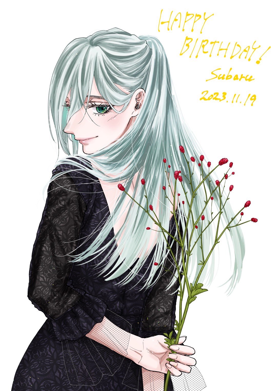 mikami saka, hoshina subaru, kaoru hana wa rin to saku, highres, official art, 1girl, aqua hair, arm behind back, black dress, character name, closed mouth, dated, dress, flower, from behind, green eyes, hair between eyes, half updo, happy birthday, holding, holding flower, long hair, looking at viewer, looking back, ponytail, simple background, smile, solo, white background