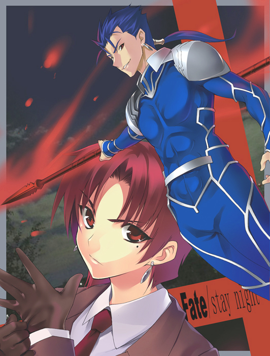 azu, bazett fraga mcremitz, cu chulainn (fate), cu chulainn (fate/stay night), fate/hollow ataraxia, fate/stay night, fate (series), 00s, adjusting clothes, adjusting gloves, gae bolg (fate), gloves, polearm, spear, weapon