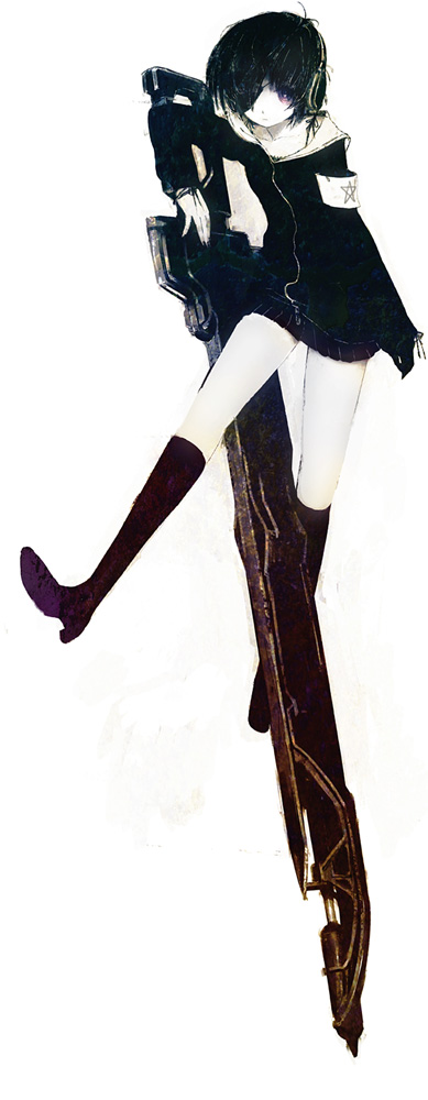 huke, black matagi, black rock shooter, original, 10s, 1girl, armband, black hair, eyepatch, female focus, gunblade, headphones, kneehighs, nail polish, pentagram, short hair, skirt, socks, solo, sword, weapon, zipper