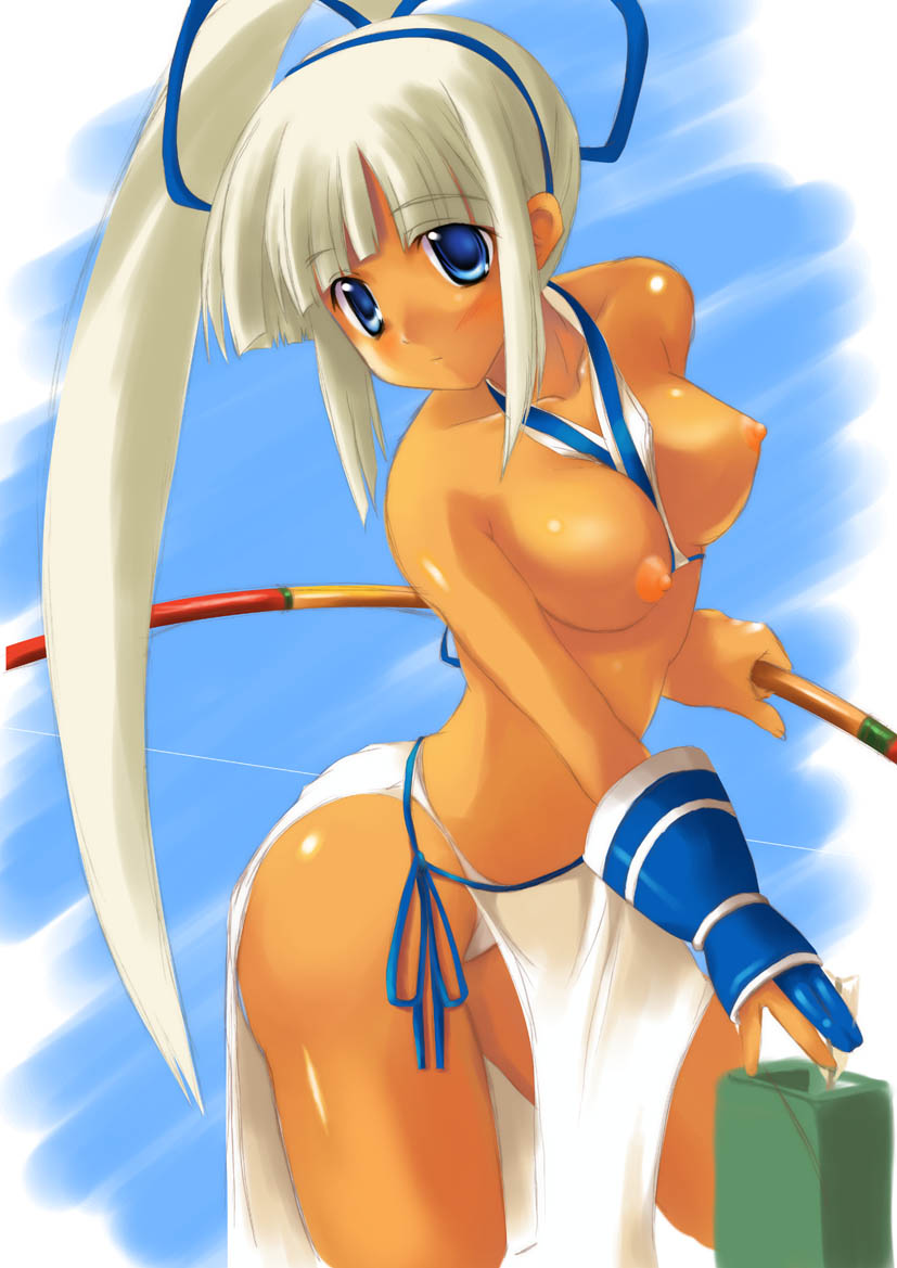 soba (saz), majikina mina, samurai spirits, snk, 1girl, blue eyes, bow (weapon), breasts, dark-skinned female, dark skin, female focus, large breasts, light areolae, nipples, no bra, panties, pantyshot, ponytail, solo, underwear, weapon, white hair