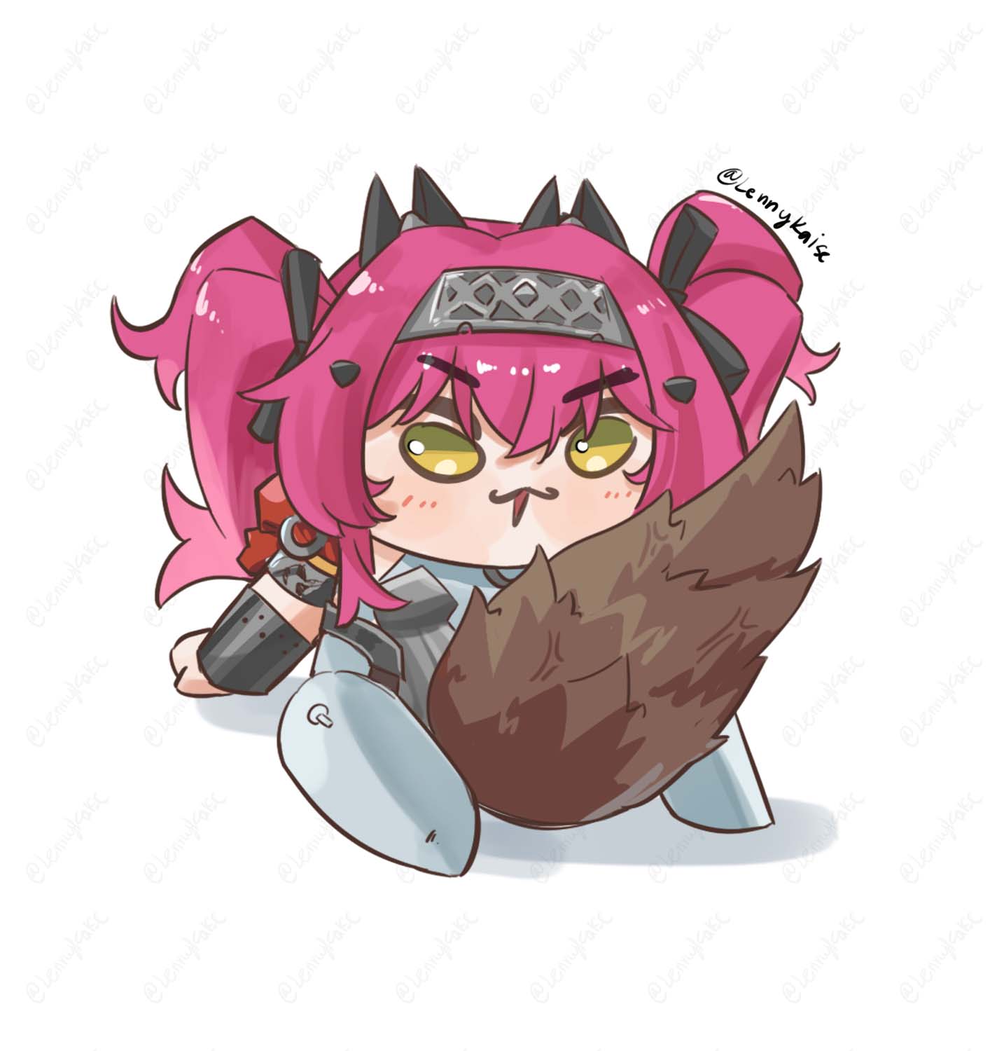 lennykaise, lupa (wuthering waves), wuthering waves, commentary, hashtag-only commentary, highres, 1girl, armor, black bow, bow, breastplate, chibi, chibi only, hair bow, hairband, headgear, long hair, looking at viewer, metal hairband, multiple hair bows, open mouth, pink hair, sitting, solo, tail, v-shaped eyebrows, watermark, wolf tail, wrist guards, yellow eyes