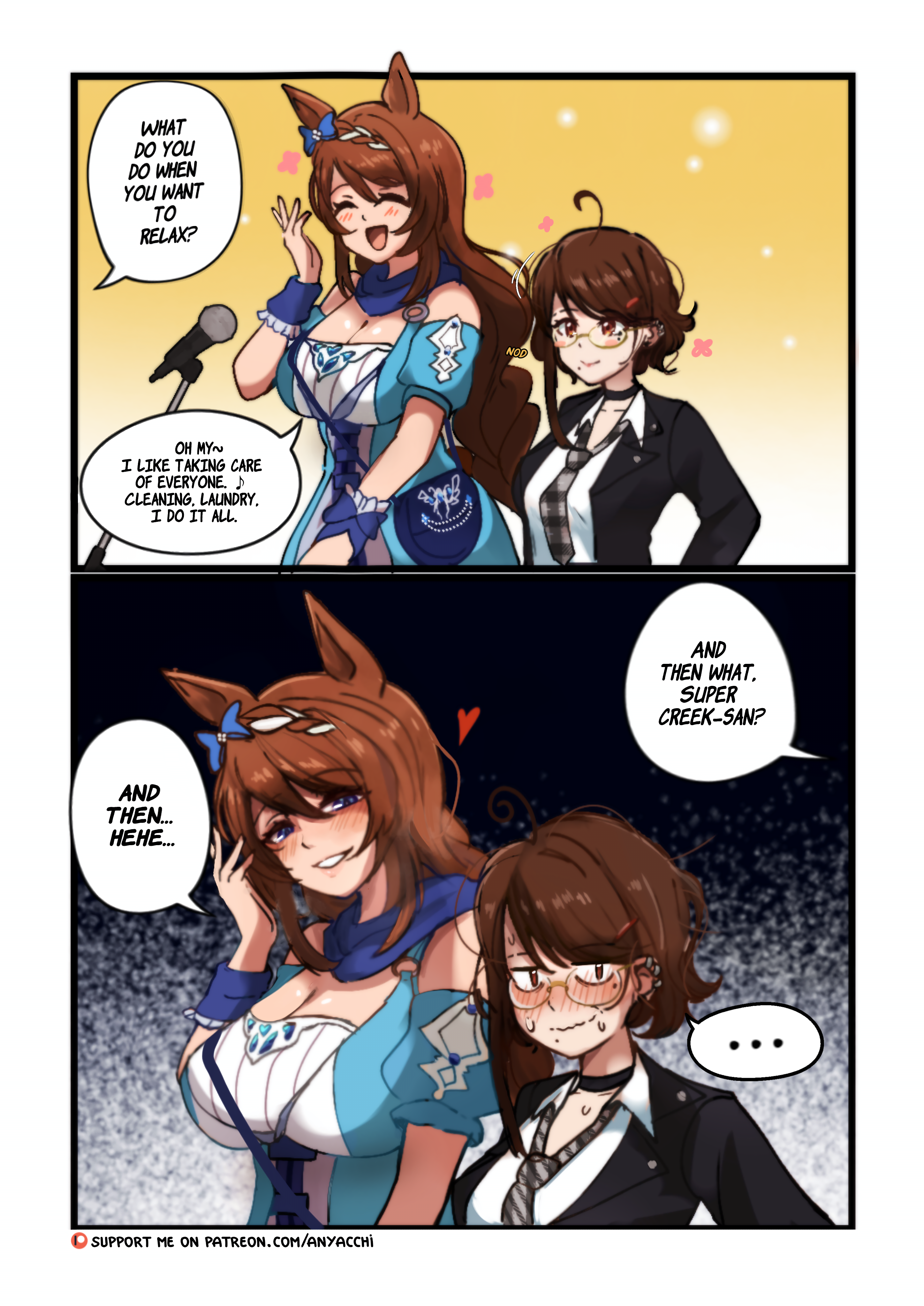 anyacchi, female trainer (umamusume), super creek (umamusume), trainer (umamusume), umamusume, absurdres, highres, ahoge, animal ears, black suit, blue eyes, bow, braid, brown hair, english text, formal clothes, glasses, horse ears, horse girl, long hair, microphone, multicolored hair, necktie, suit, sweat, very long hair