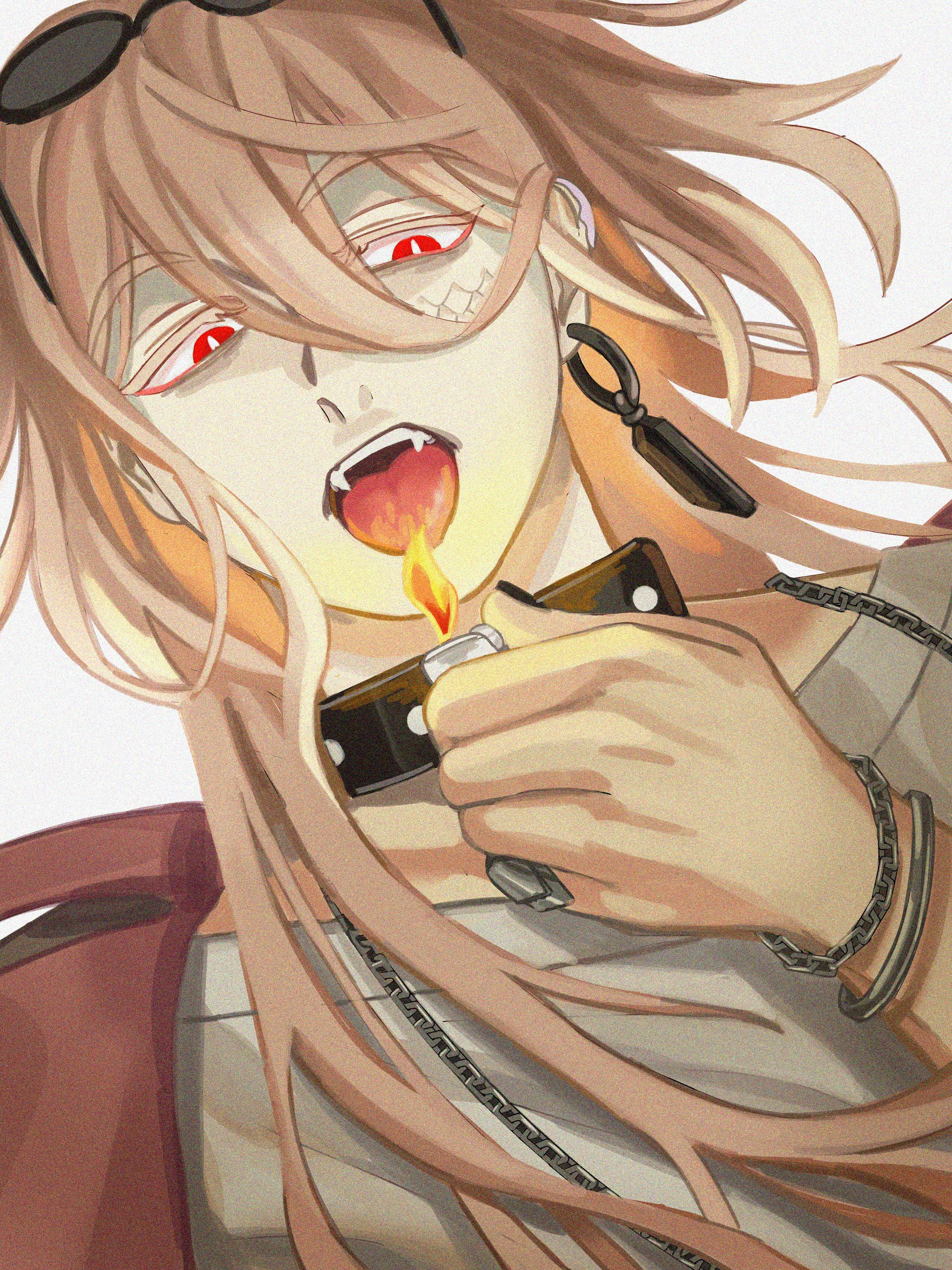 paradox live, absurdres, highres, 3overdose3, animal collar, arm up, black choker, chain, choker, collar, colored eyelashes, earrings, eyewear on head, fangs, hair between eyes, holding, holding lighter, jacket, jewelry, kaida shion, lighter, long hair, multicolored hair, open clothes, open jacket, red eyes, ring, scales, sidelocks, simple background, sunglasses, tongue, tongue out, white background, white hair