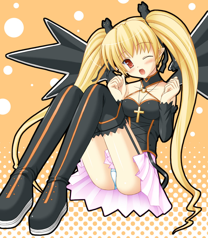 uehiro, pachira, renkin san-kyuu magical pokaan, pantyshot (sitting), bare shoulders, blonde hair, blush, boots, breasts, choker, cleavage, cross, elbow gloves, garter belt, gloves, hair ornament, jewelry, long hair, necklace, open mouth, panties, pantyshot, pointy ears, red eyes, sitting, skirt, thigh boots, thighhighs, twintails, underwear, very long hair, white panties, wink