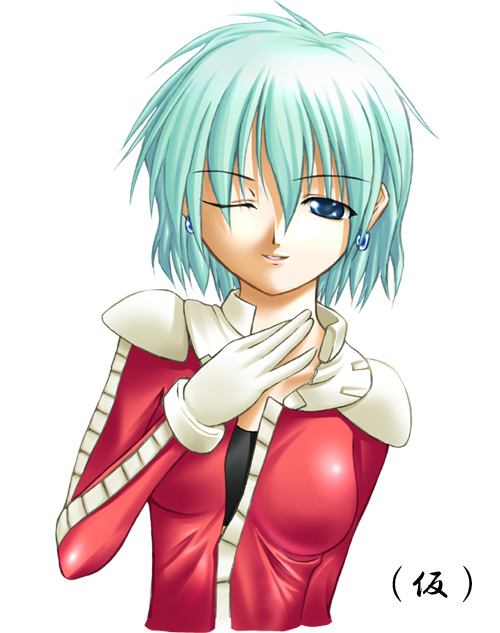 tachibana surimu, aina saharin, gundam, gundam 08th ms team, pilot suit, 1girl, aqua hair, arm at side, blue eyes, blue hair, earrings, female focus, gloves, hand on own chest, jewelry, matching hair/eyes, one eye closed, short hair, simple background, solo, upper body, white background, white gloves, wink