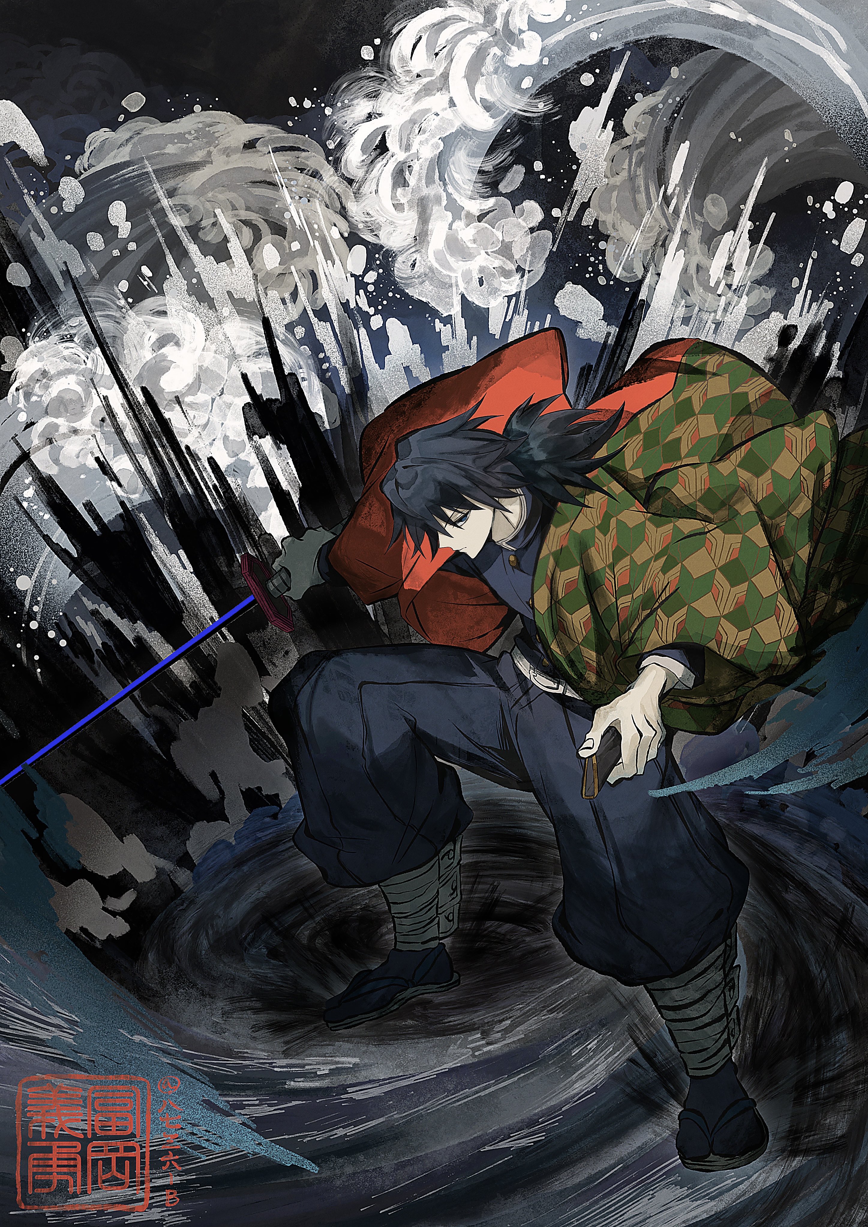 tomioka giyuu, kimetsu no yaiba, absurdres, highres, 1boy, 8736 b, belt, black hair, black jacket, black pants, black socks, blue eyes, buttons, closed mouth, demon slayer uniform, fighting stance, full body, haori, holding, holding sword, holding weapon, jacket, japanese clothes, katana, kikkoumon, low ponytail, male focus, pants, ponytail, print haori, red haori, sandals, socks, solo, spiked hair, sword, water, weapon, white belt
