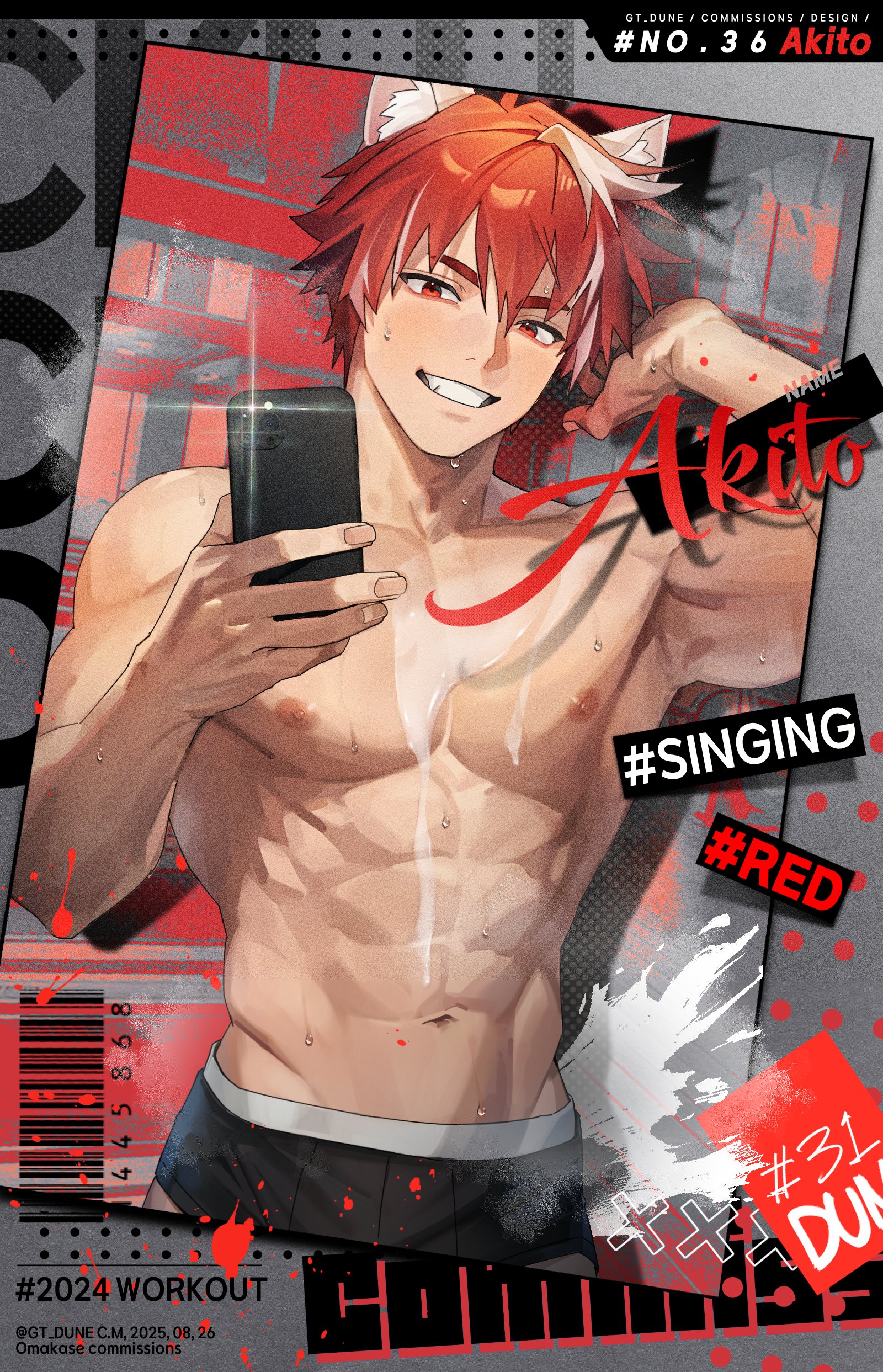 gt dune, absurdres, character request, commission, copyright request, highres, 1boy, abs, armpits, biceps, black male underwear, cellphone, cowboy shot, cum, cum on body, cum on male, cum on pectorals, cum on stomach, grin, holding, holding phone, male focus, male underwear, multicolored hair, navel, nipples, pectorals, phone, red eyes, red hair, short hair, smartphone, smile, solo, streaked hair, sweat, teeth, toned, toned male, underwear, white hair