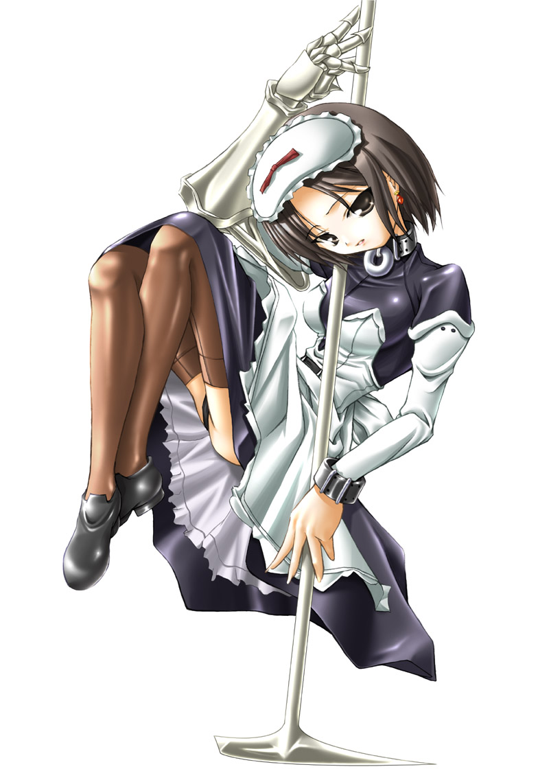 tachibana surimu, fiore, chrno crusade, 1girl, apron, black eyes, black hair, black panties, bow, brown eyes, brown thighhighs, collar, crossed legs, cuffs, doll joints, dress, earrings, female focus, frills, full body, head tilt, jewelry, joints, maid, maid apron, maid headdress, panties, pantyshot, scythe, shiny clothes, shoes, short hair, simple background, sitting, smile, solo, thighhighs, underwear, weapon